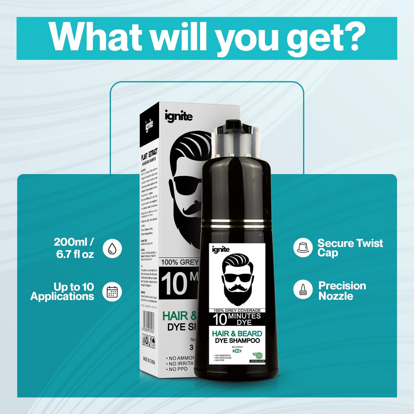 Light Sea Green Men’s Hair & Beard Dye color Shampoo –100% Grey Hair Coverage – Black Color Dye - Natural Color 3 in 1 Hair Beard mustache Color