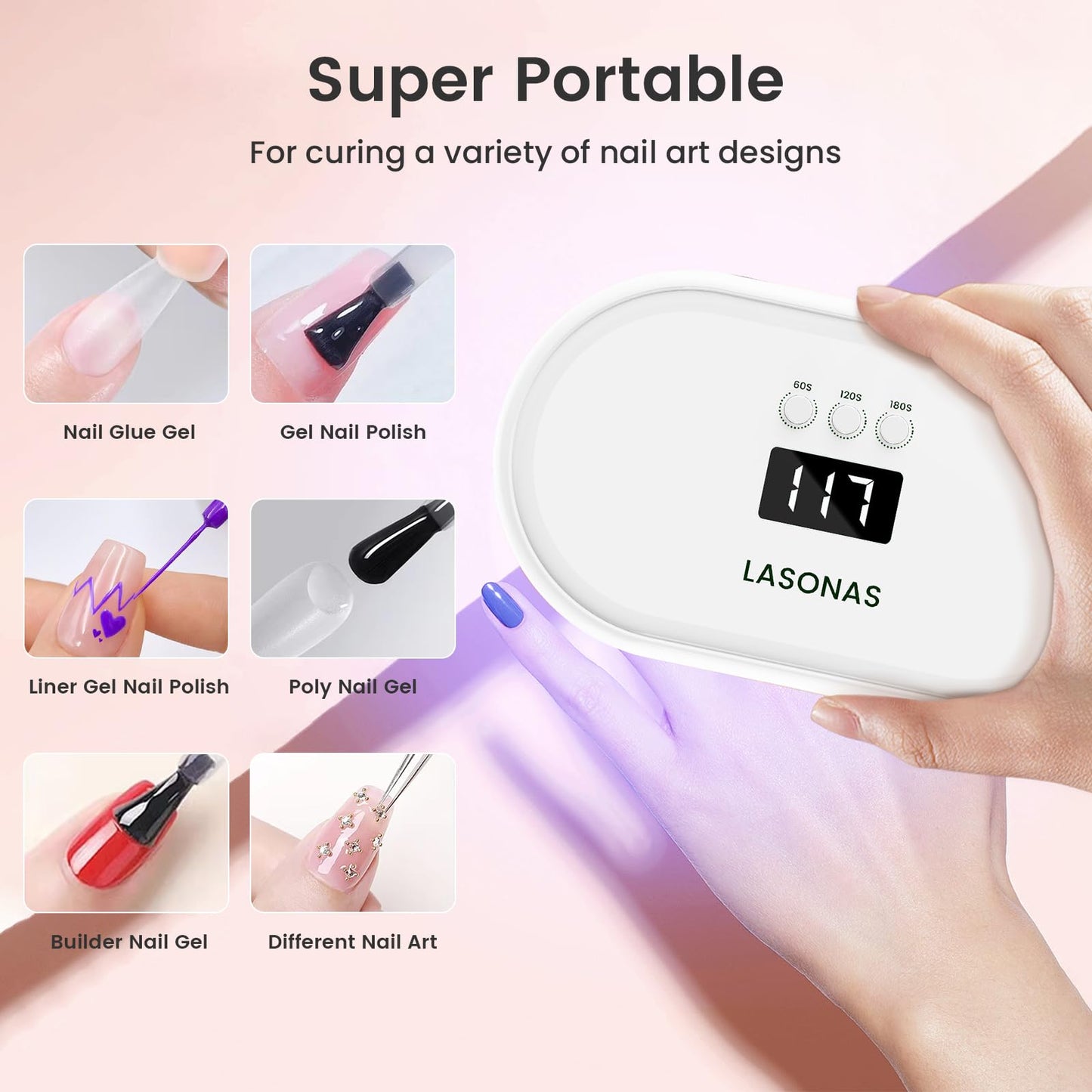 Misty Rose LASONAS UV LED Nail Lamp for Gel Polish 24W UV Light 3 Timer Setting Fast Drying Curing Mini Portable Cure Lamp for Gel Stickers and Strips Home Nail Care Salon
