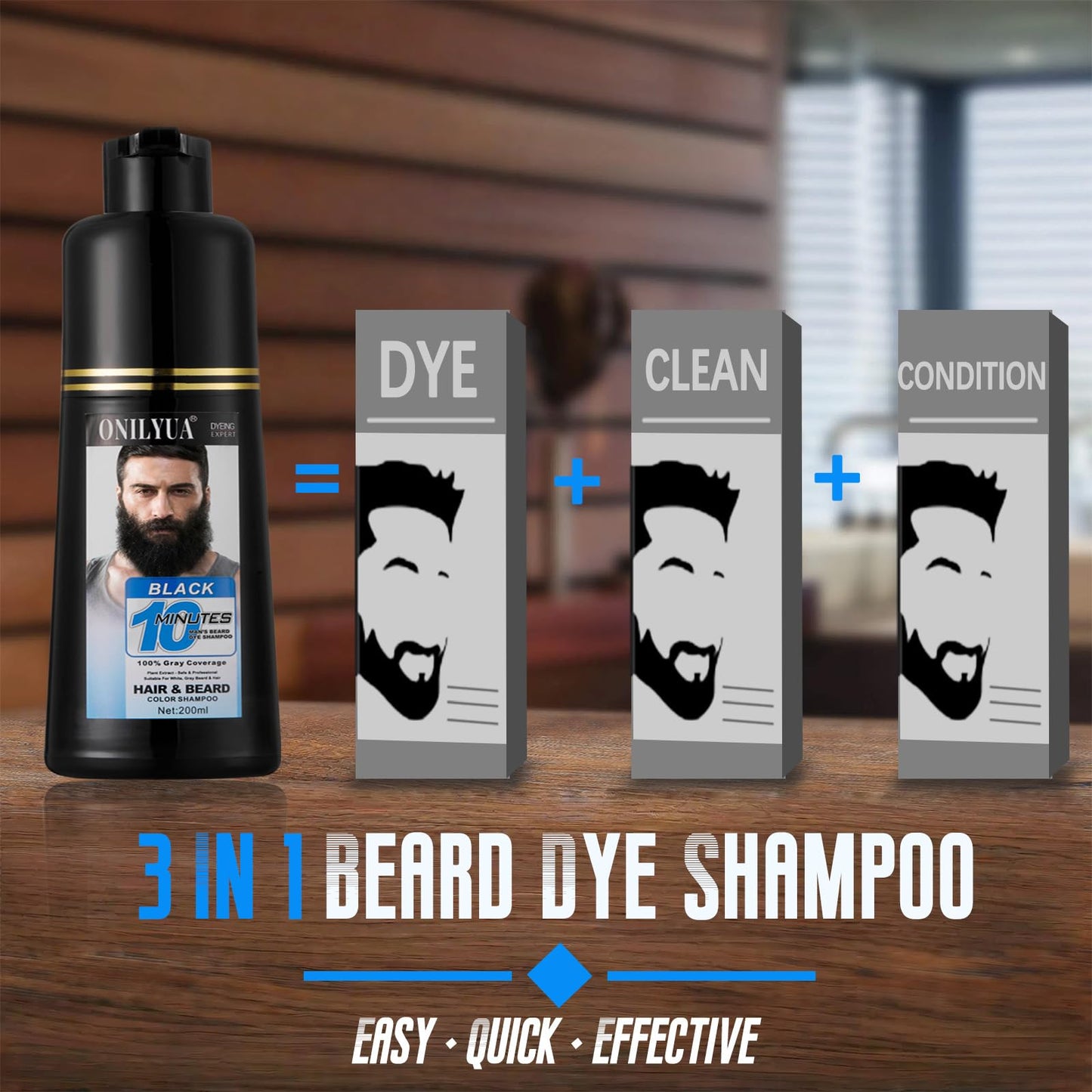 Dark Olive Green Mens Beard & Mustache Dye Shampoo, Instant 100% Grey Hair Coverage, 3 in 1 Black Beard Color Shampoo for Men Facial Hair, Easy to Use & Dermatologist Tested, 200ML