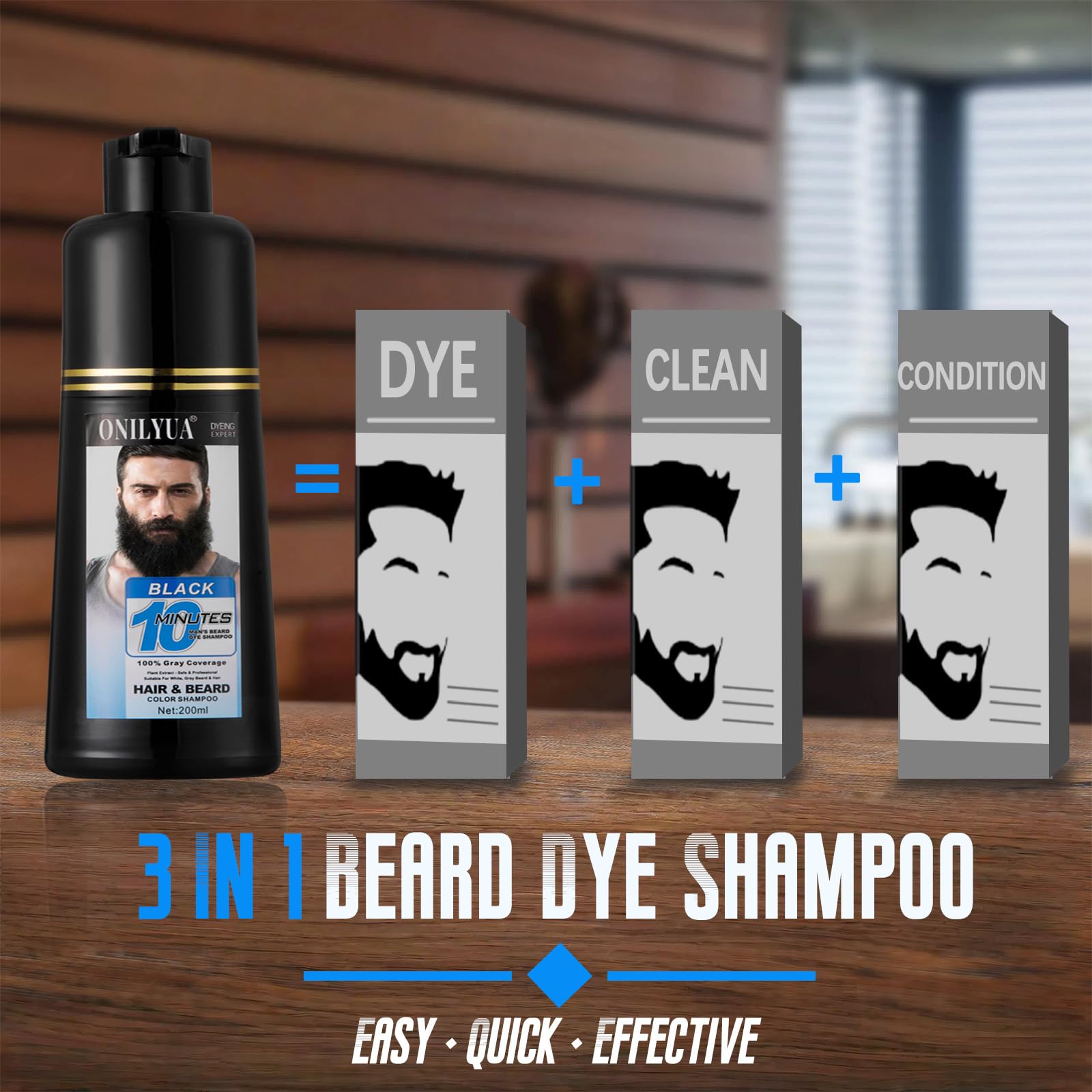 Dark Olive Green Mens Beard & Mustache Dye Shampoo, Instant 100% Grey Hair Coverage, 3 in 1 Black Beard Color Shampoo for Men Facial Hair, Easy to Use & Dermatologist Tested, 200ML