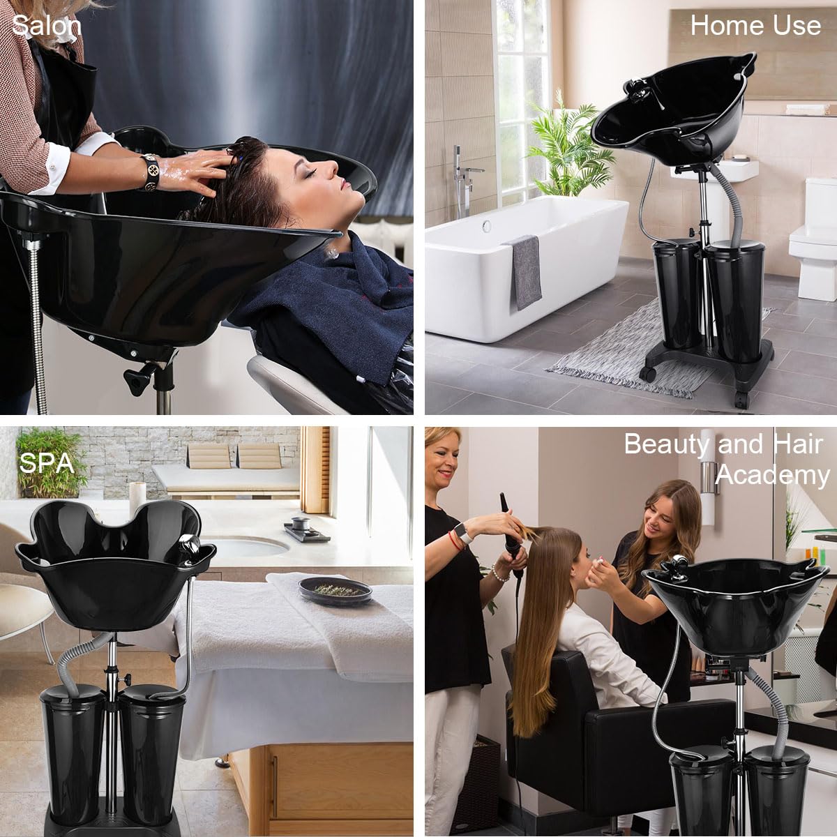 Black johgee Portable Shampoo Bowl with Electric Pump, Plastic Shampoo Unit with 2 Bucket and Drain Hoses, Basin Height Adjustable Portable Salon Sink for Home Salon Use