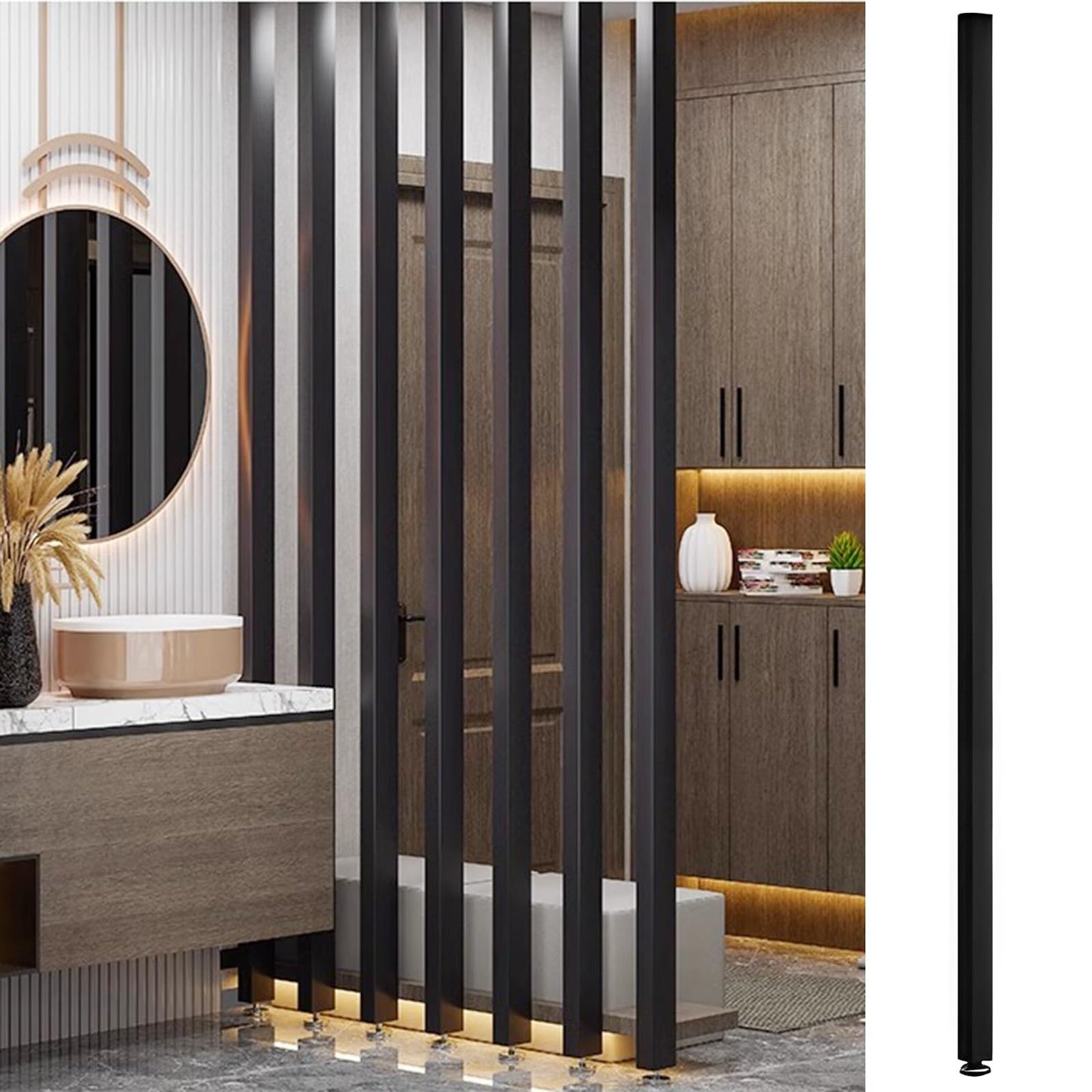 White Smoke Space Divider Post/ Divisores De Habitacion for Office - Alcove Studio/ Pets/ Kids Bedroom Wall Partition Decor, Black White Wooden Room Divier Freestanding Retractable, Tall 7.8ft/ 7.5ft/ 7.3ft/ 7ft