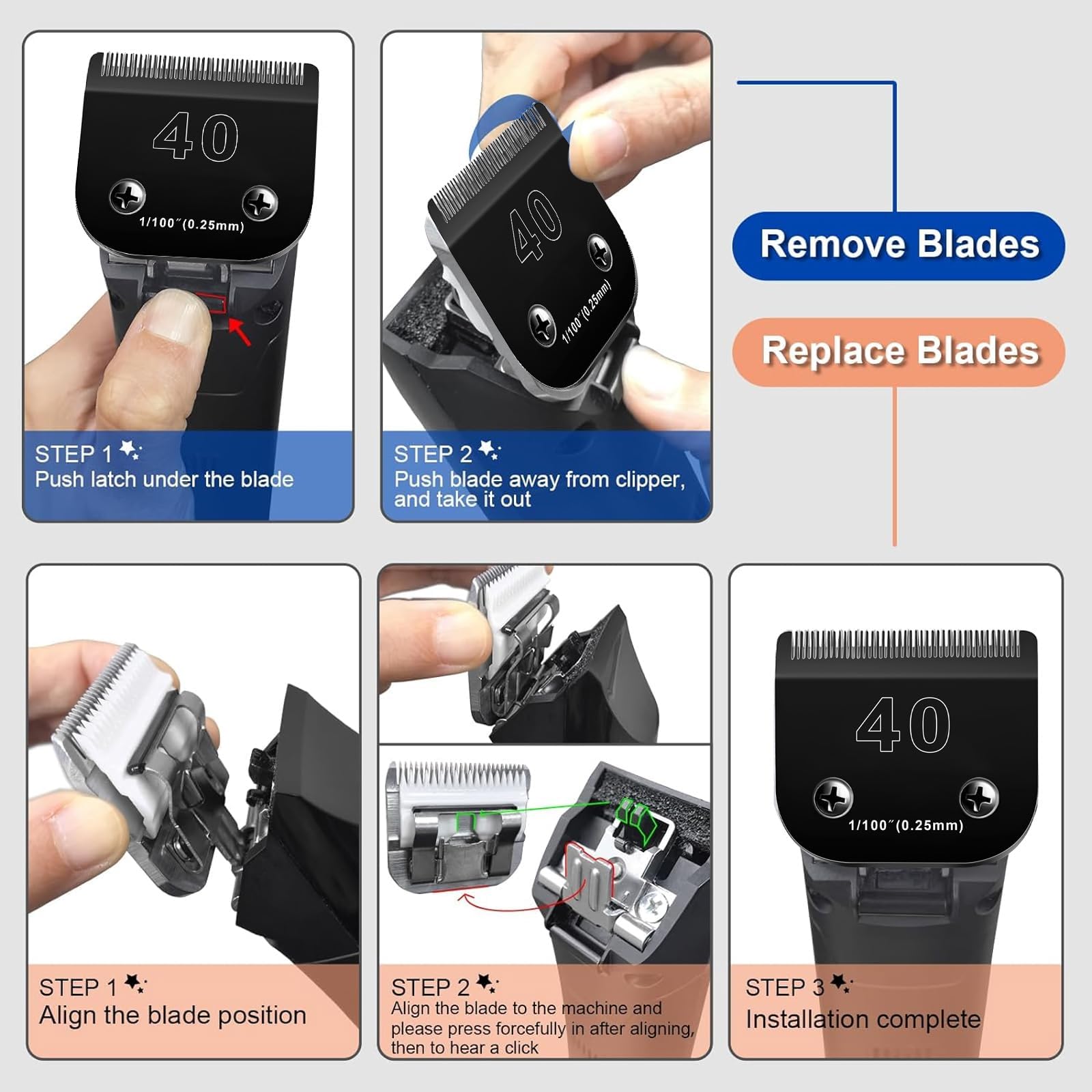 White Smoke Audoc 6pcs Dog Grooming Replacement Blades Compatible with Andis/Oster A5/Wahl KM-10 Series Dog Clippers,Detachable Clipper Replacement Blade,Black (6PCS Black-#10+30+3FC+4FC+5FC+7FC)