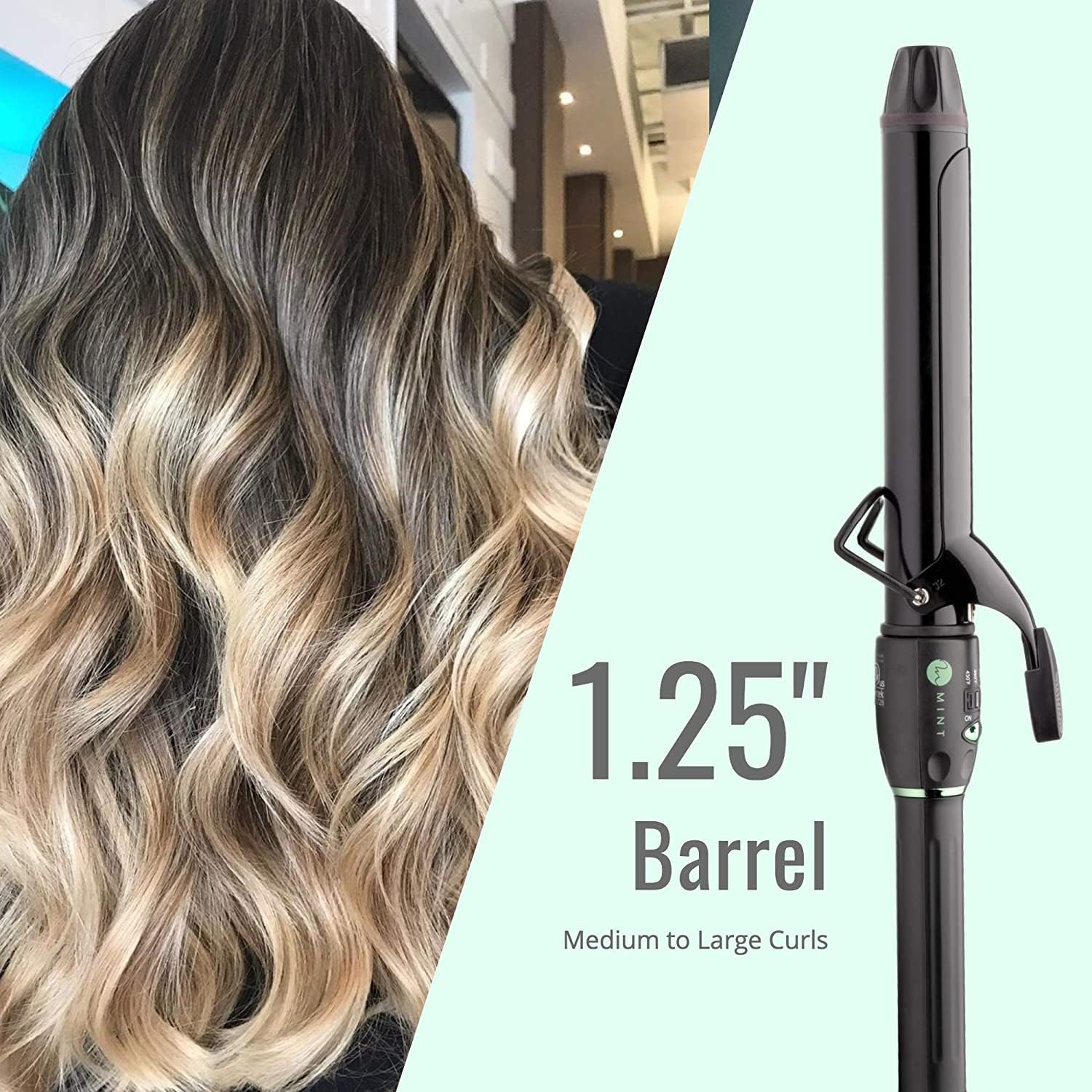 Alice Blue MINT Professional Extra Long Hair Curling Iron 1 1/4 inch | 2-Heater Ceramic Barrel that Stays Hot | 1.25 Inch Hair Iron Curler for Medium to Large Curls | Travel-Ready International Dual Voltage