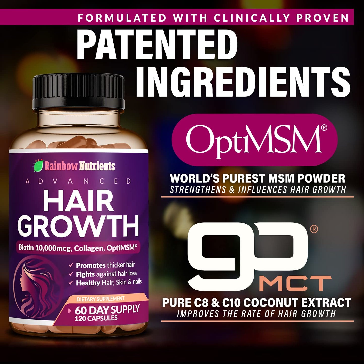 Black Hair Growth Vitamins for Women | Biotin 10,000mcg, Collagen, Patented OptiMSM®, goMCT®, Saw Palmetto | Naturally Regrow Stronger & Healthier Hair, Skin and Nails | Stops Hair Loss | 60 Day Supply