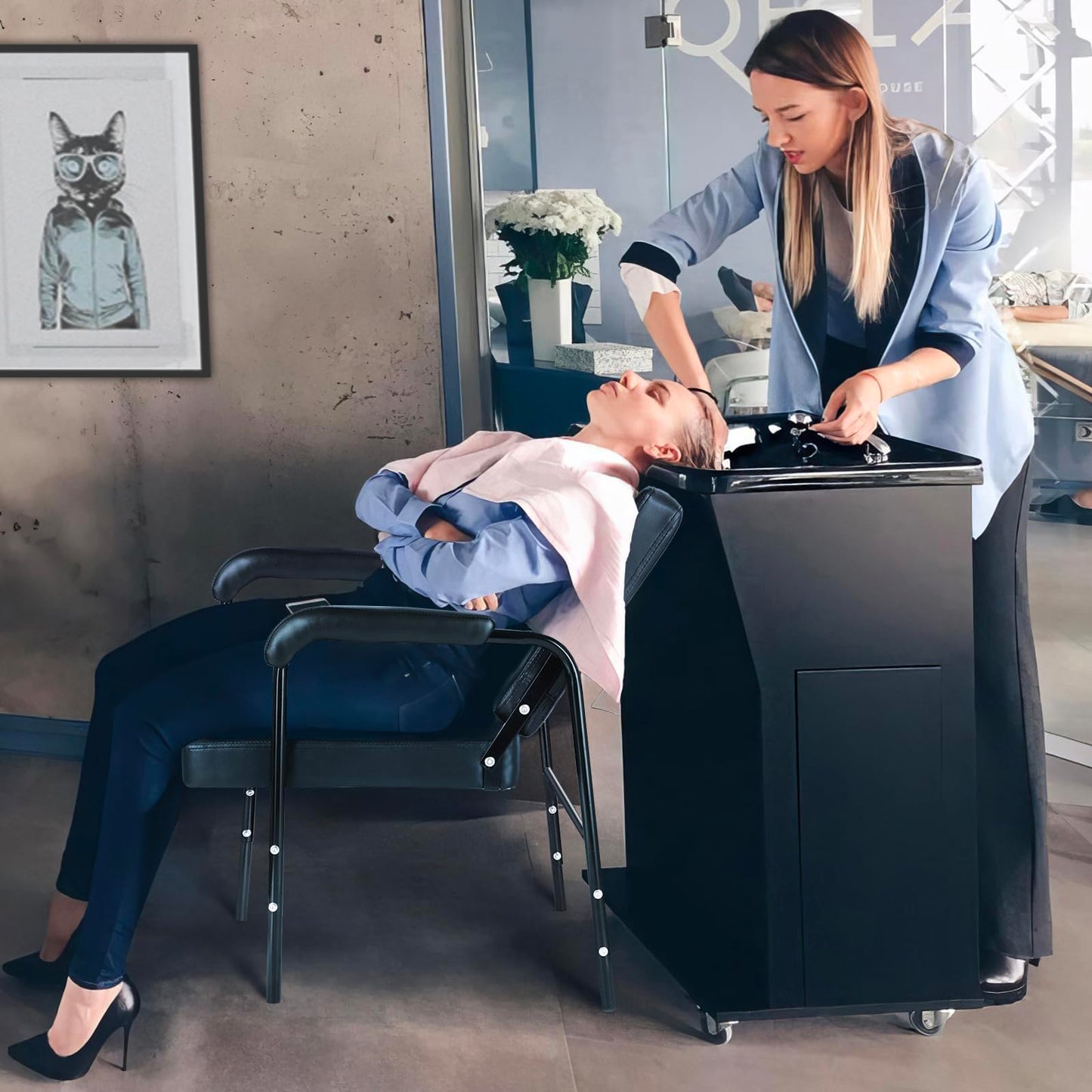 Black WINEDYOUNG Shampoo Chairs Reclining Shampoo Chairs for Salon Barber Chair Hair Stylist Chair Auto Recline Salon Chair Spa Beauty Equipment for Hair Stylists, Tattoo Artists, Cosmetologists