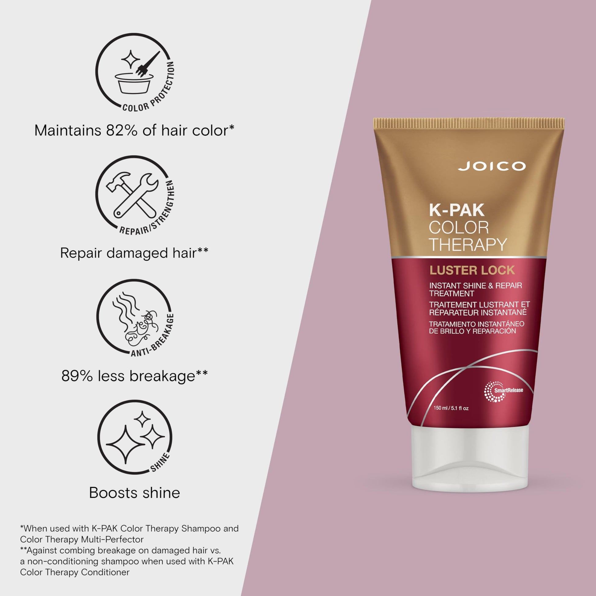Lavender Joico K-PAK Color Therapy Luster Lock Instant Shine & Repair Treatment | For Color-Treated Hair | Boost Color Vibrancy | Repair Breakage | With Keratin & Argan Oil | 5.1 Fl Oz