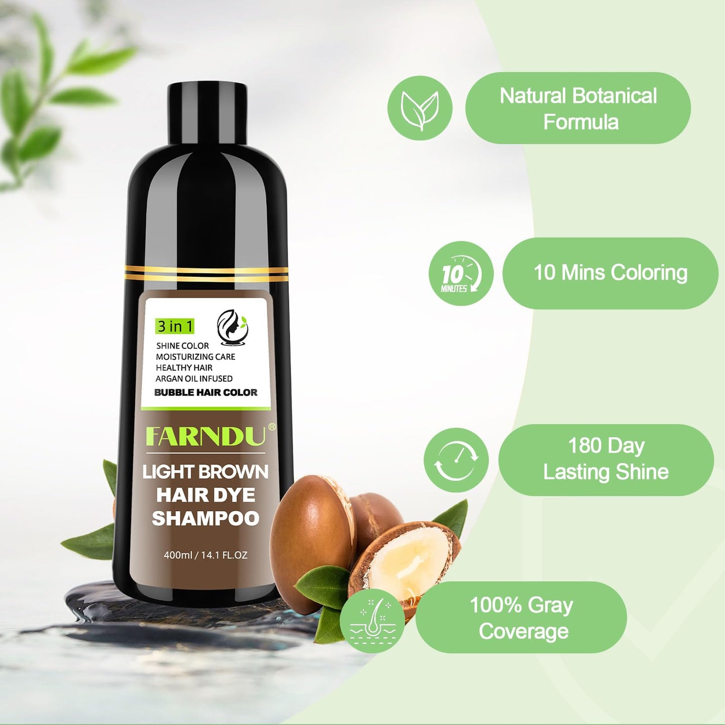 White Smoke FARNDU Light Brown Hair Dye Shampoo 3 in 1 with Argan Oil – 10-15 Min Gray Coverage, Natural Instant Hair Color Shampoo for Women and Men, Ammonia & Paraben Free, Long-Lasting Up to 6 Months