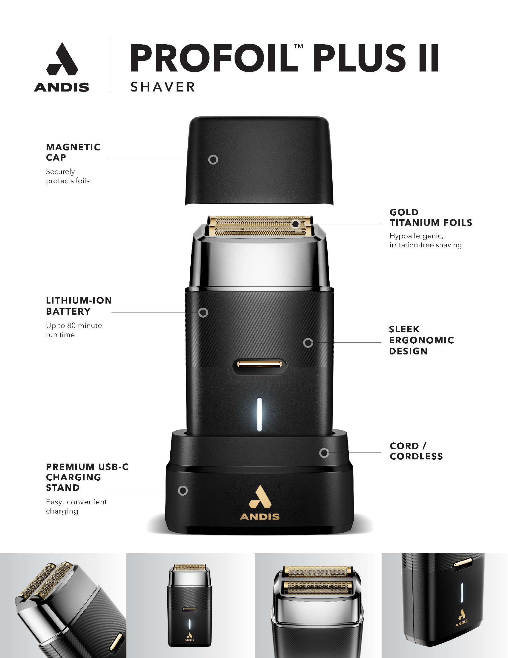 White Smoke Andis 563616 Pro Foil Plus II Cordless Shaver, Gold Titanium Foils, Lithium Ion Battery, Includes USB-C Charging Stand, Black