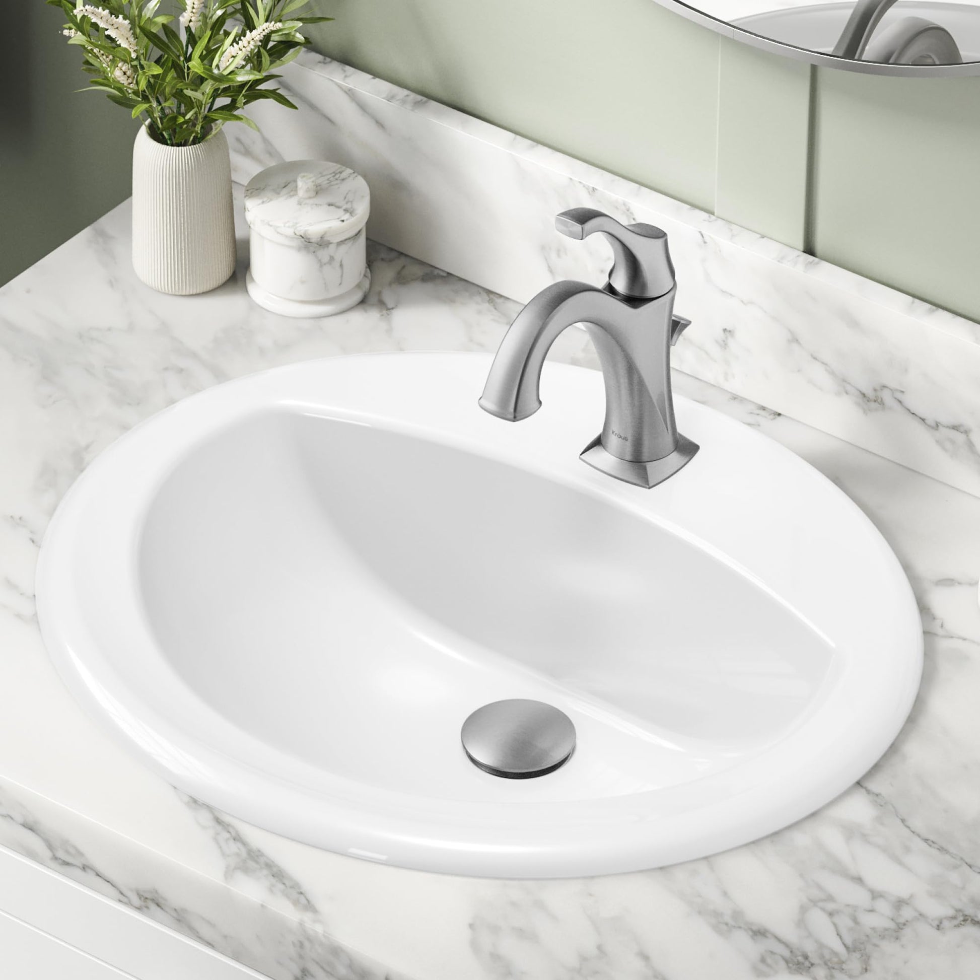 Lavender KRAUS Elavo 20.5 in. Oval Porcelain Ceramic Self-Rimming Drop In Bathroom Sink in White with Overflow Drain, KCT-100