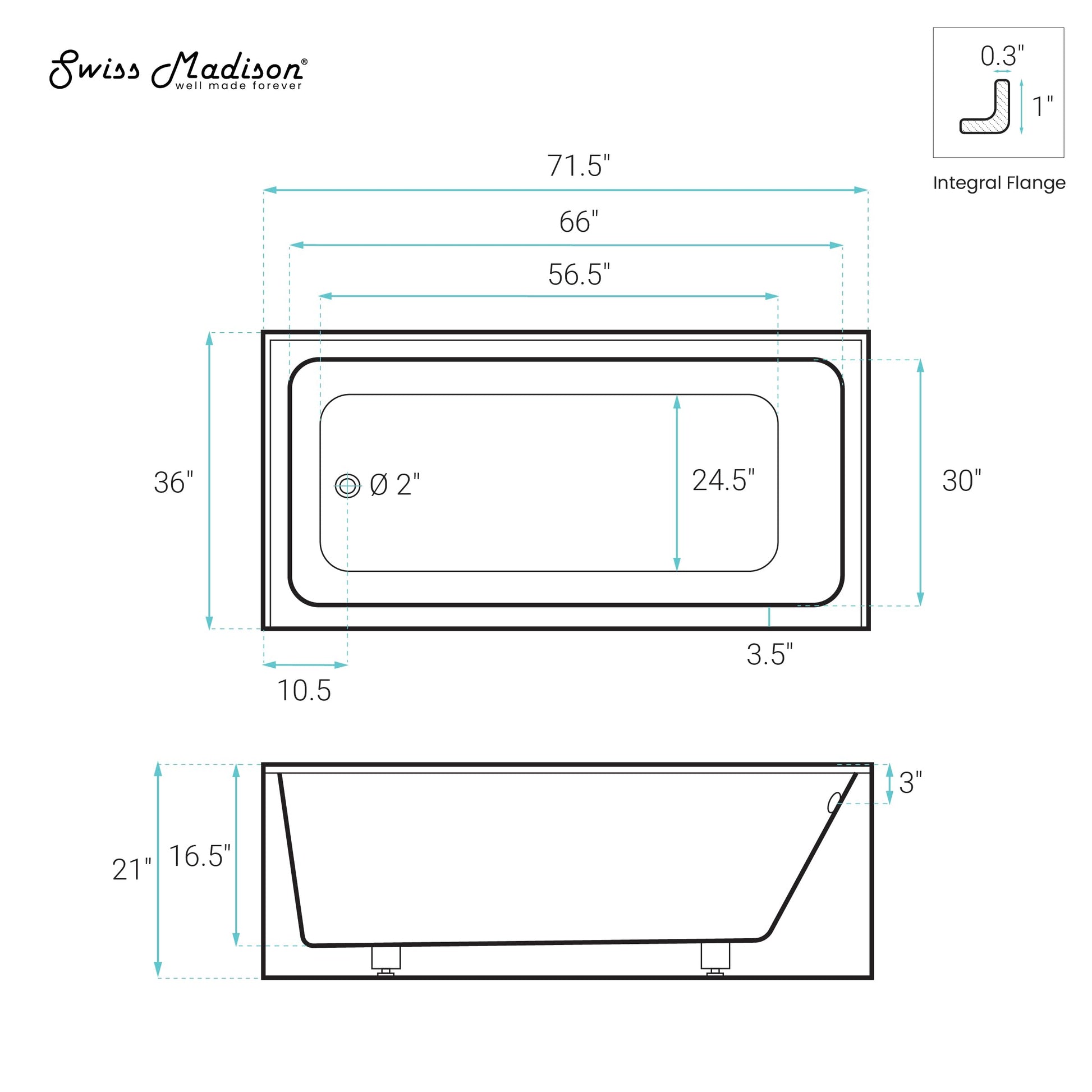 White Smoke Swiss Madison Voltaire 72 x 36 Left Drain Soaking Alcove Corner Apron Bathtub in Glossy White