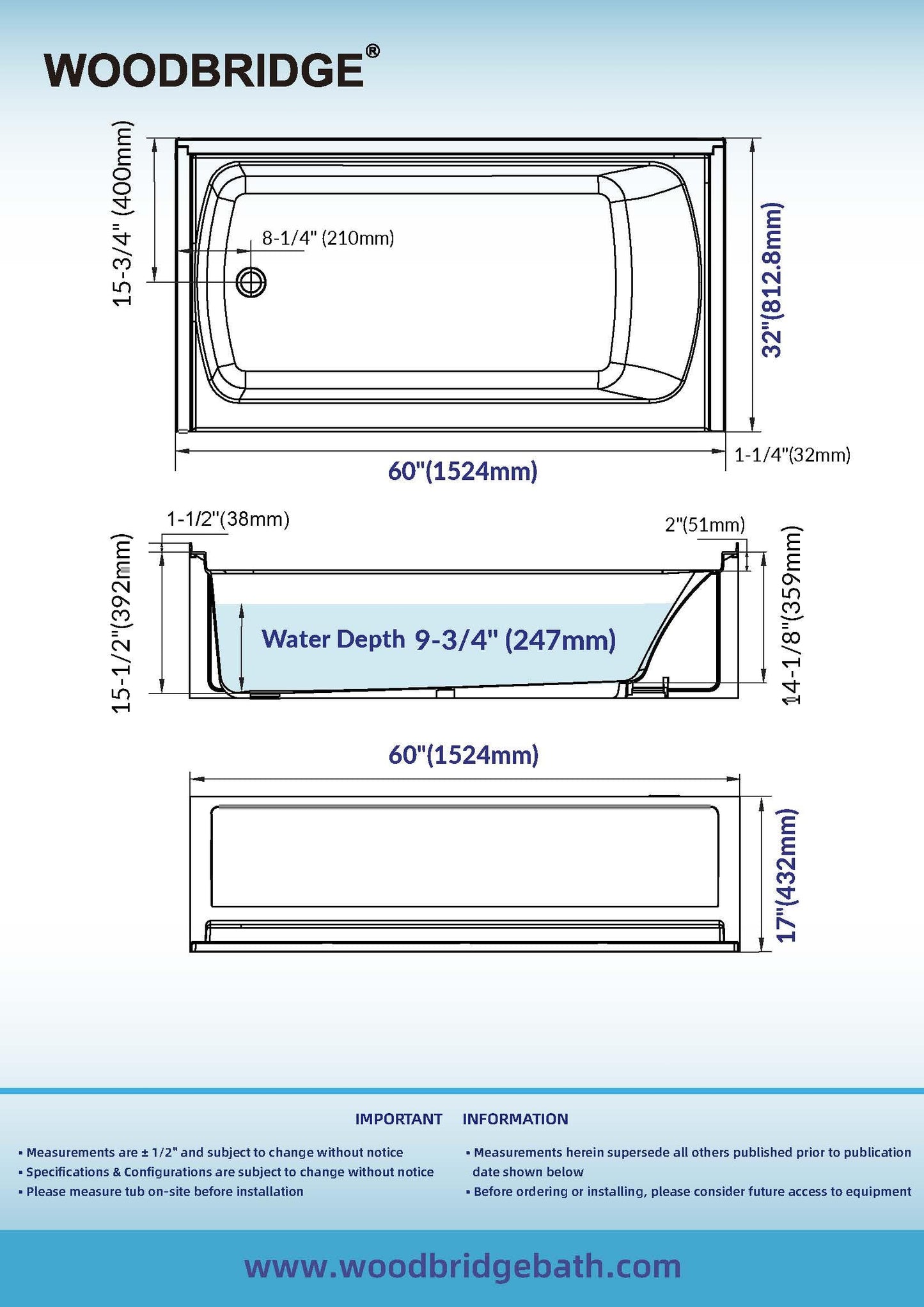 White Smoke WOODBRIDGE 60” x 32” Alcove Soaking Bathtub in white with Left-Hand Drain Hole – Tub Only (No Wall Panels)