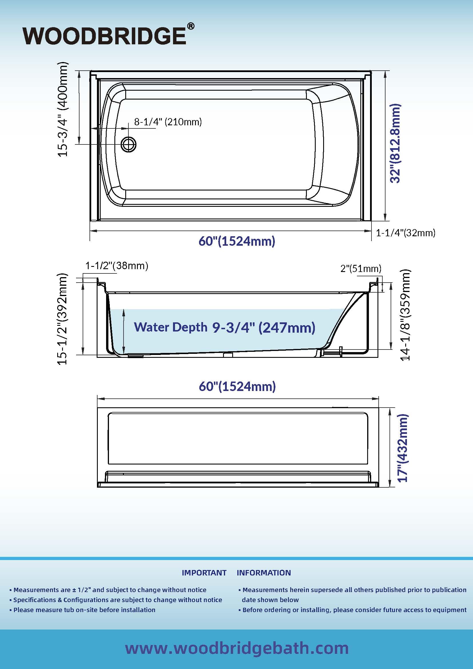 White Smoke WOODBRIDGE 60” x 32” Alcove Soaking Bathtub in white with Left-Hand Drain Hole – Tub Only (No Wall Panels)
