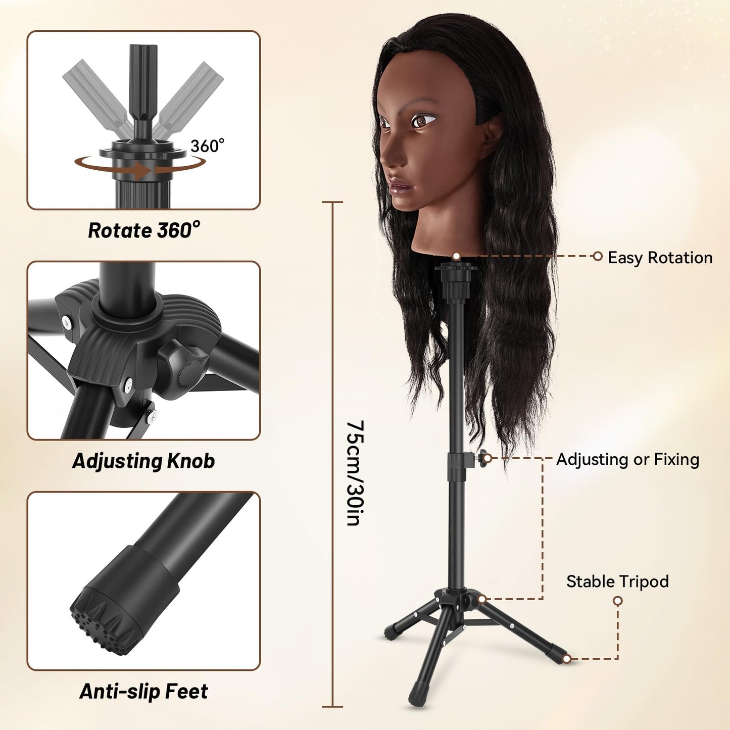 Seashell Yekavo 20" Mannequin Head Human Hair with Tripod Stand, 90% Real Hair Cosmetology Black Manikin Doll Head for Hairdresser Practice Braiding with Stand Set