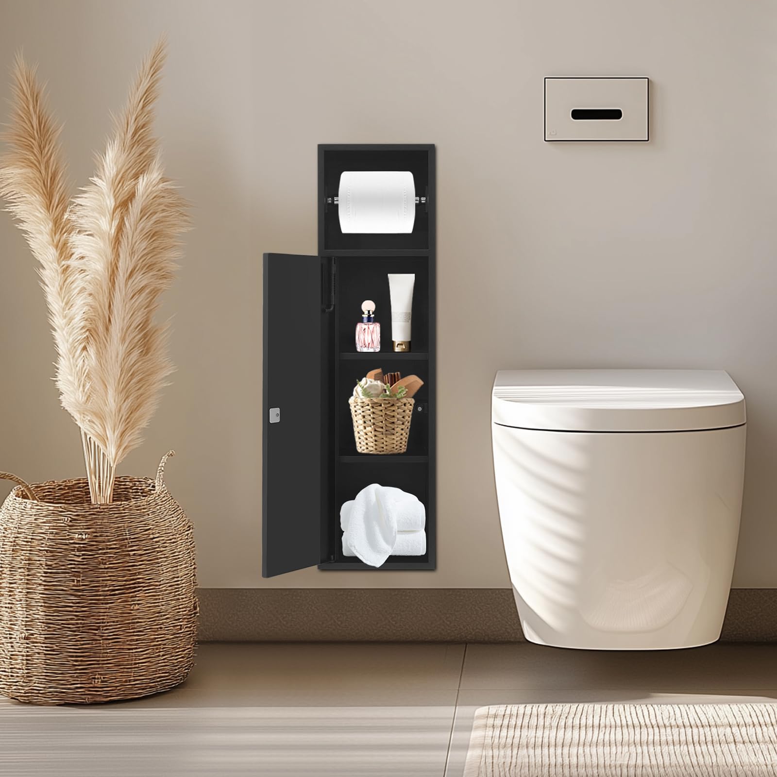Dark Gray Silencear Stainless Steel Shower Niche, 4 Tier Recessed Bathroom Niche, 6.8 * 4.9 * 24.8in Alcove Toilet Tissue Toiletries Storage Rack, Toilet Paper Holder for Bathroom Hotel (White)