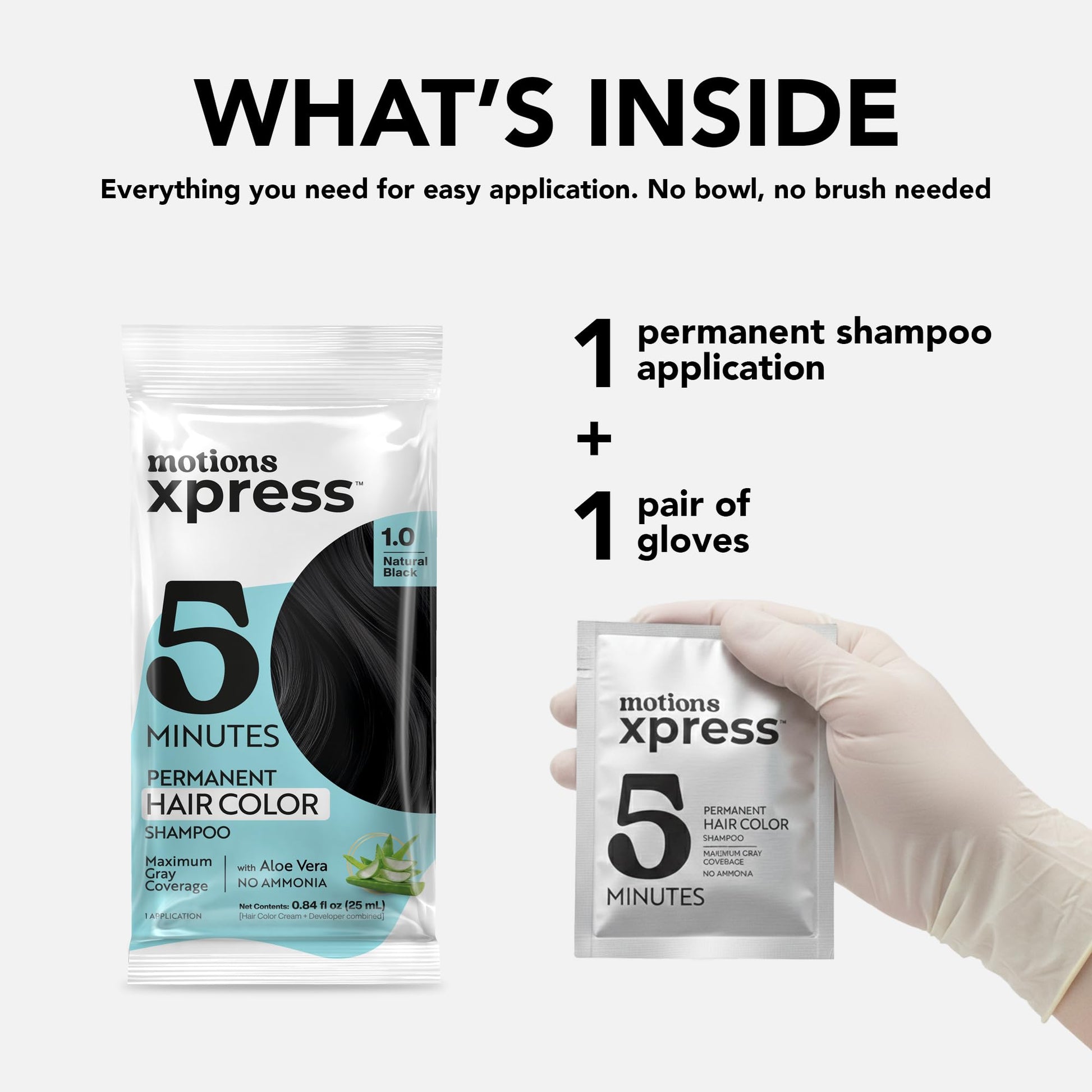 White Smoke Motions Xpress Permanent Hair Color Shampoo Natural Black – 5 Minute Color, Gray Coverage, Ammonia Free, Deep Shine Hair Dye Shampoo, 0.84 Oz