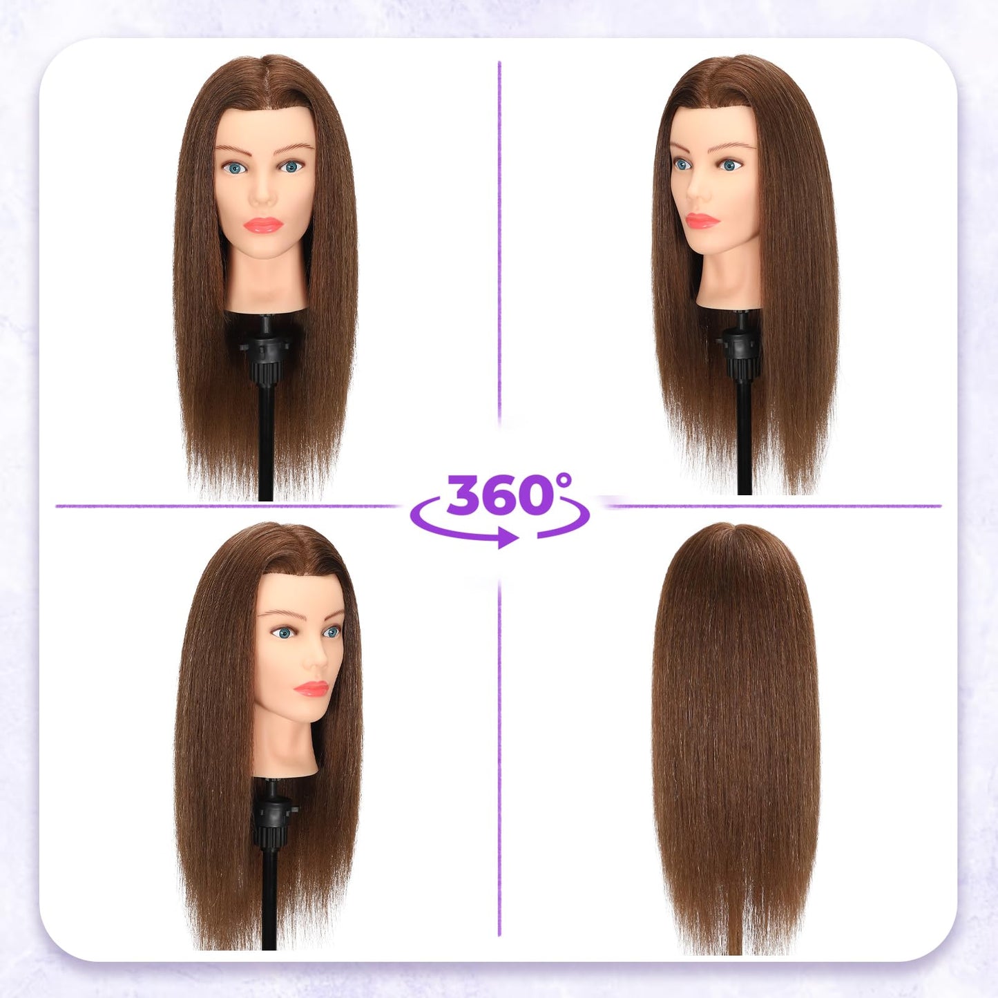 White Smoke Mannequin Head Human Hair - Cosmetology Manikin Doll Head with 100% Real Hair for Hairdresser Practice Styling Braiding & Free Clamp Holder (Dark Brown)