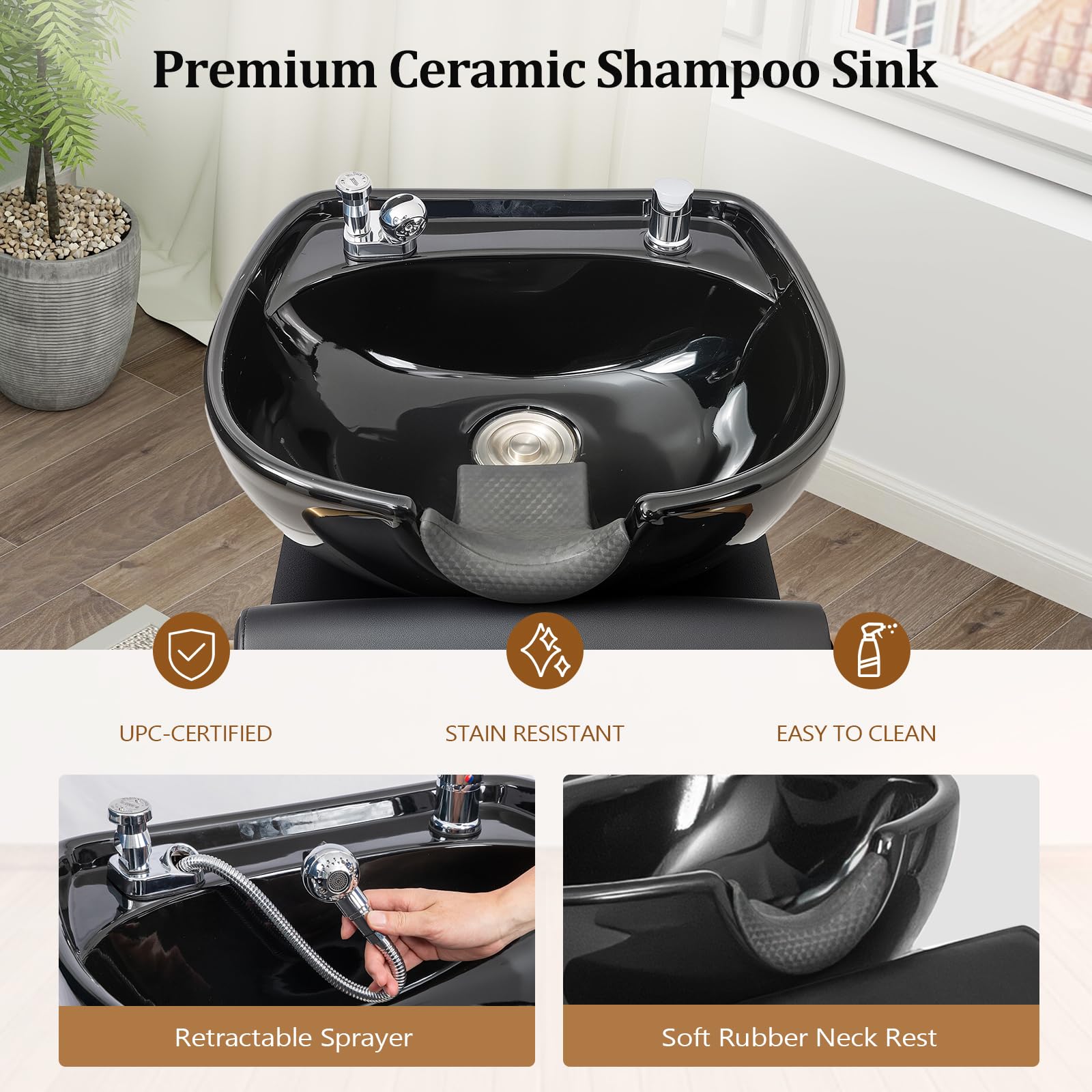 Light Gray OmySalon Shampoo Chairs for Salon, Stainless Steel Frame & UPC Certified Shampoo Bowl & Footrest, Hair Washing Station, Backwash Unit for Beauty Spa Barbershop, Black and Gold