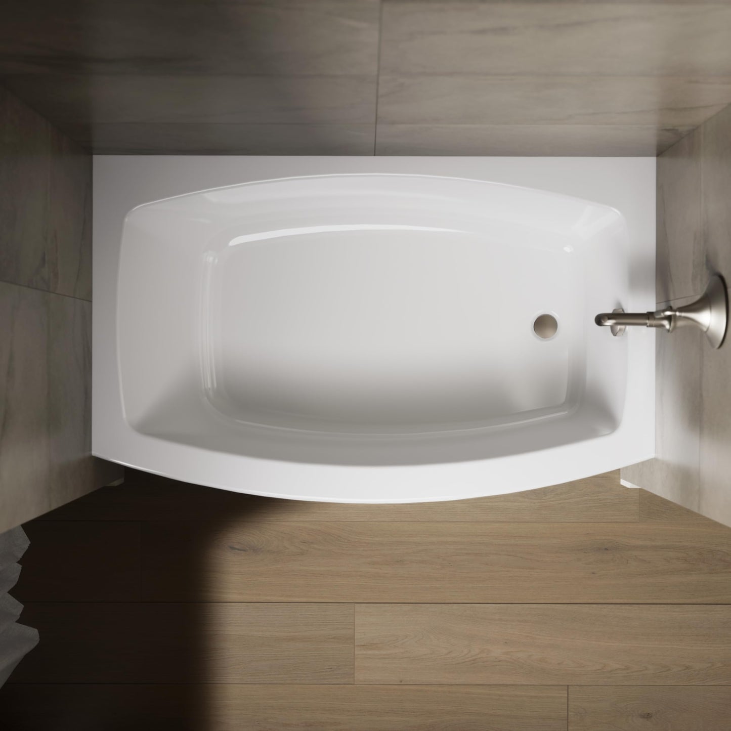 Light Gray KOHLER 1100-RA-0 Expanse 60" x 32" Acrylic Alcove Bathtub with Right-Hand Drain, Compact Design Soaking Tub, White