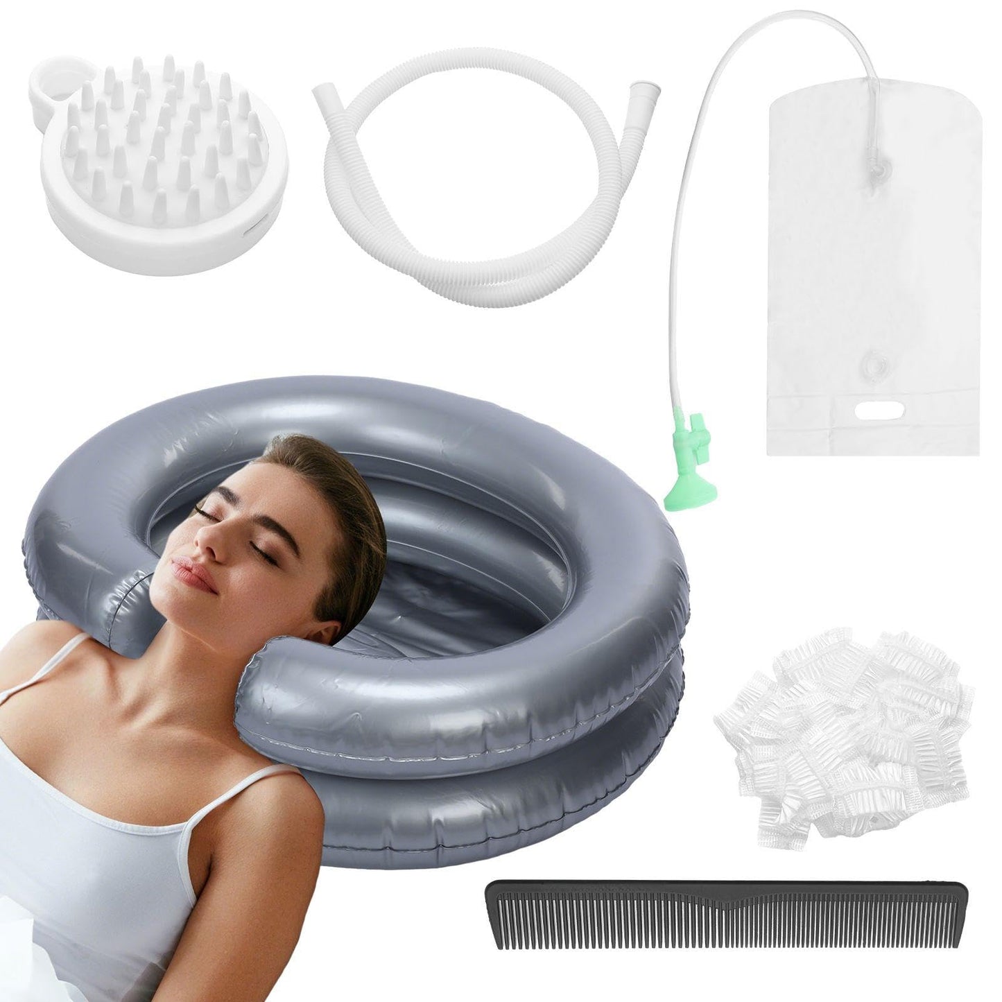 White Smoke LemonRoad Inflatable Shampoo Basin Set with Inflatable Shampoo Basin Comb Disposable Ear Cover Hairbrush Shower Bag for Elderly Disabled Pregnant Injured Bedridden Handicapped Home Sink for Locs Detox