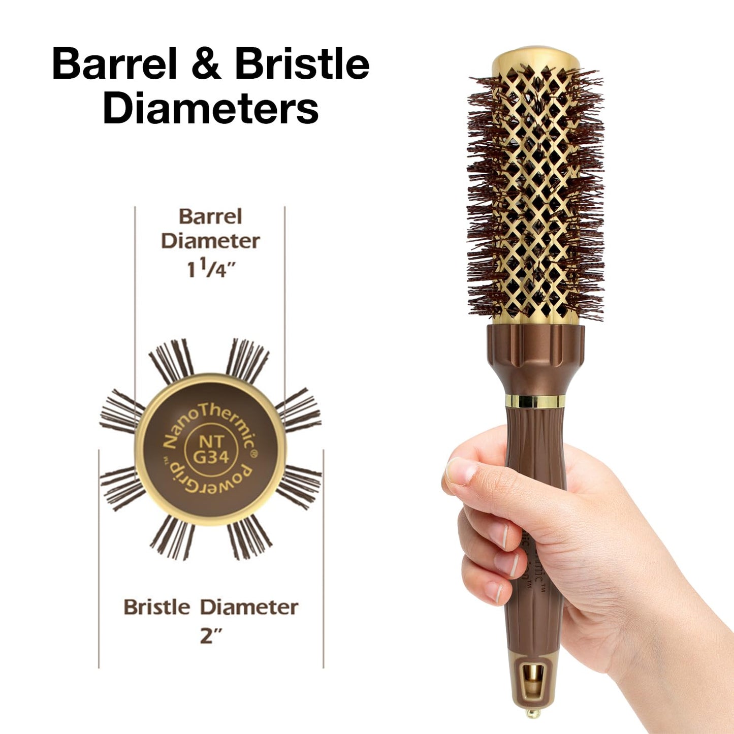 White Smoke Olivia Garden NanoThermic PowerGrip Thermal Round Hair Brush - Not Electrical - Ceramic Blowout Brush for Medium to Thick Hair, 1 1/4 inch