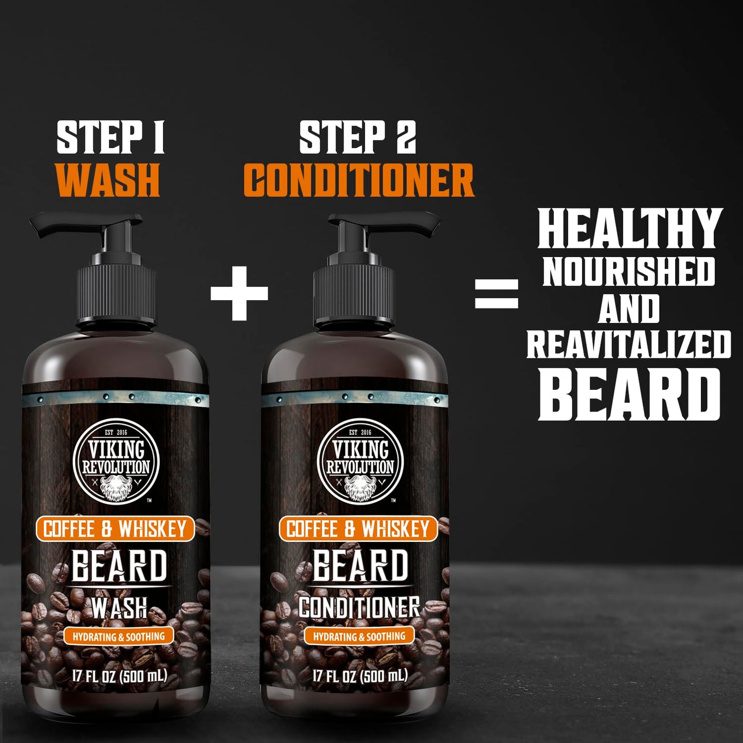 Black Viking Revolution Coffee Whiskey Beard Wash and Beard Conditioner Set with Argan and Jojoba Oils - Softens and Strengthens - Coffee Whiskey Scent - Beard Shampoo with Ginseng Root Extract (17 oz)