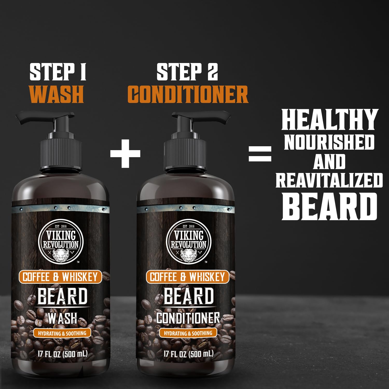 Black Viking Revolution Coffee Whiskey Beard Wash and Beard Conditioner Set with Argan and Jojoba Oils - Softens and Strengthens - Coffee Whiskey Scent - Beard Shampoo with Ginseng Root Extract (17 oz)