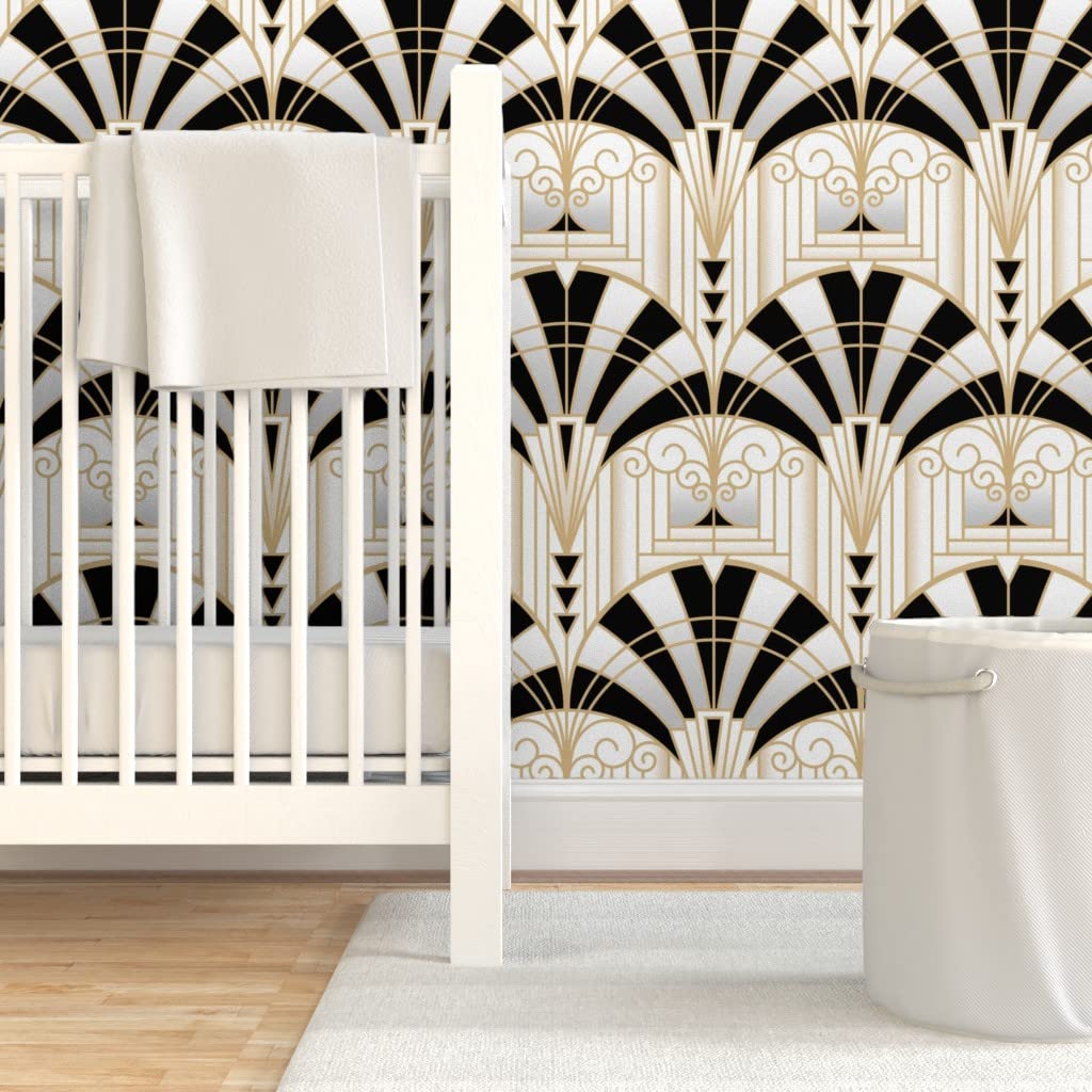 Light Gray Spoonflower Peel & Stick Wallpaper 3ft x 2ft - Art Deco Alcove Black White Gold Fan Architecture 1920s Custom Removable Wallpaper