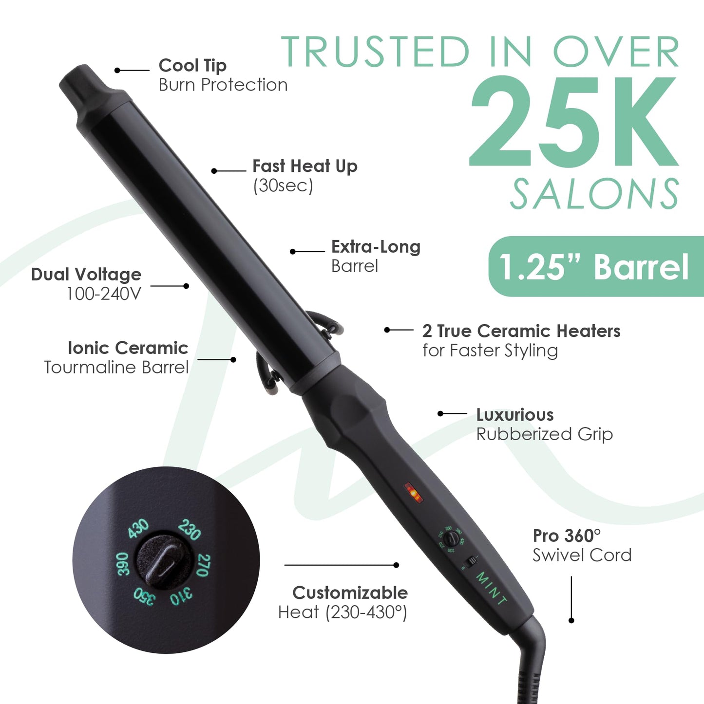 White Smoke MINT Professional Clamp-Free Curling Wand 1 1/4 Inch for Long Hair | Extra Long Curl Wand with 4-Heater Ionic Ceramic Barrel | Best Curling Wands | Adjustable 230-430°F | Worldwide Dual Voltage
