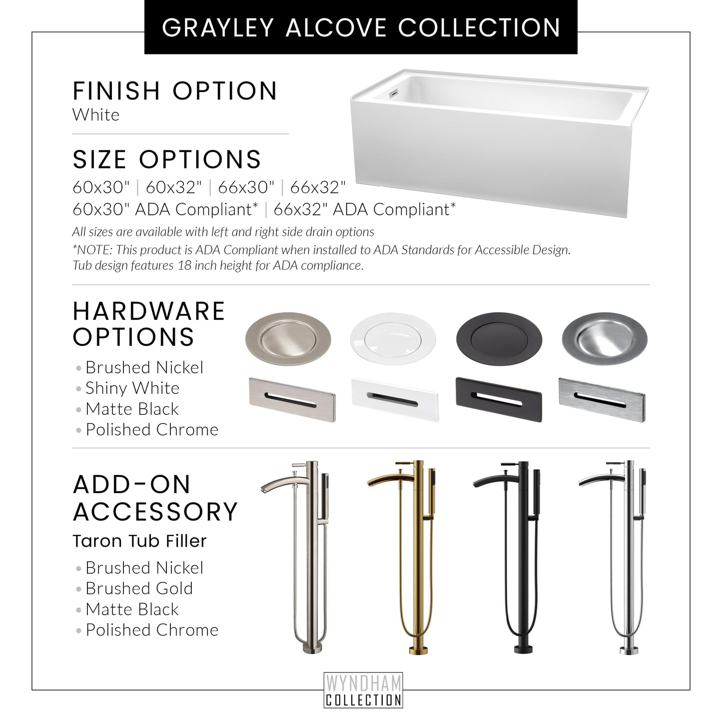 White Smoke Grayley 60 x 30 Inch Alcove Bathtub in White with Right-Hand Drain and Overflow Trim in Shiny White