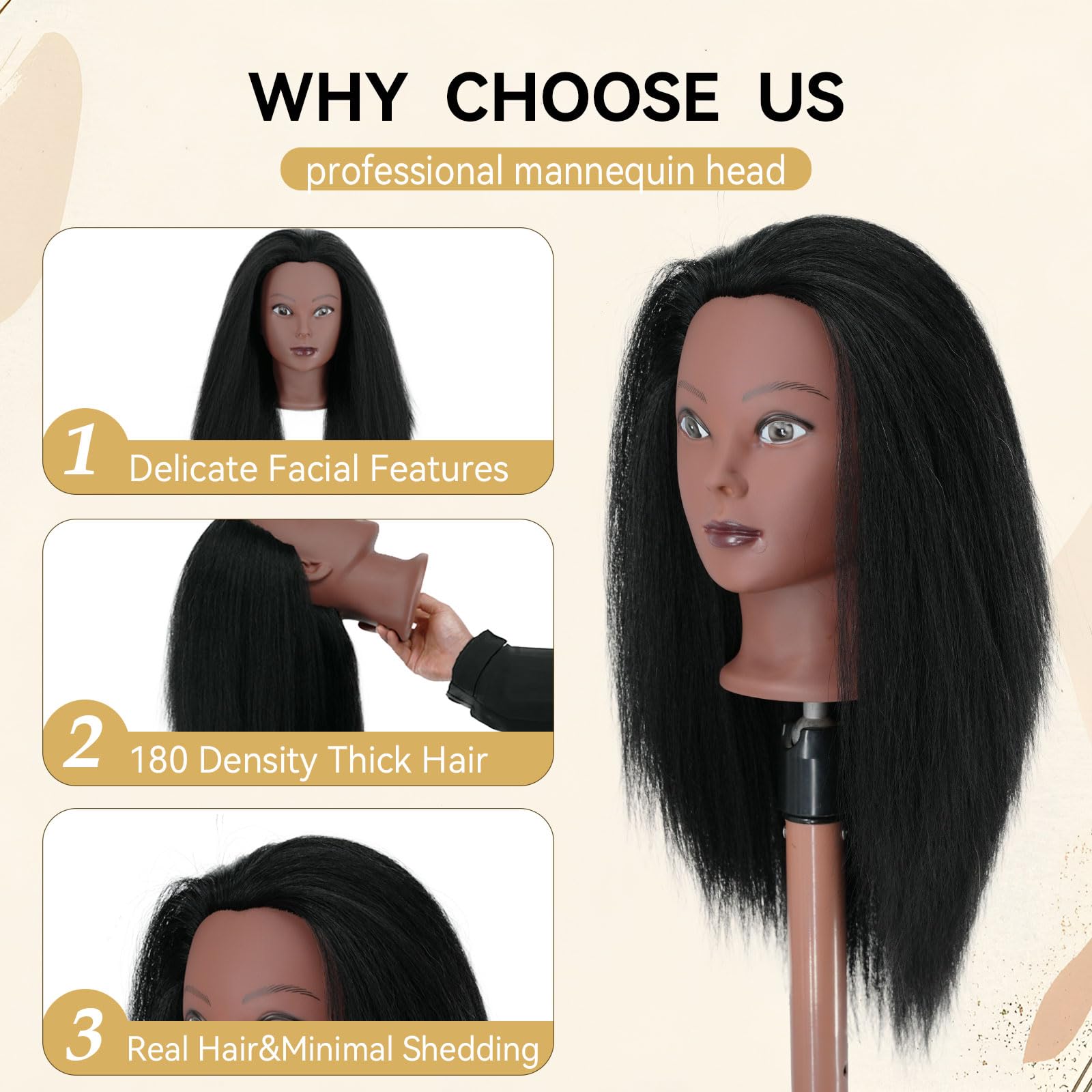 Seashell Mannequin Head with Human Hair 16'' Cosmetology Manikin Doll Head with 100% Real Human Hair Trainning Head for Hairdresser Practice Braiding Hair Styling with Clamp Stand