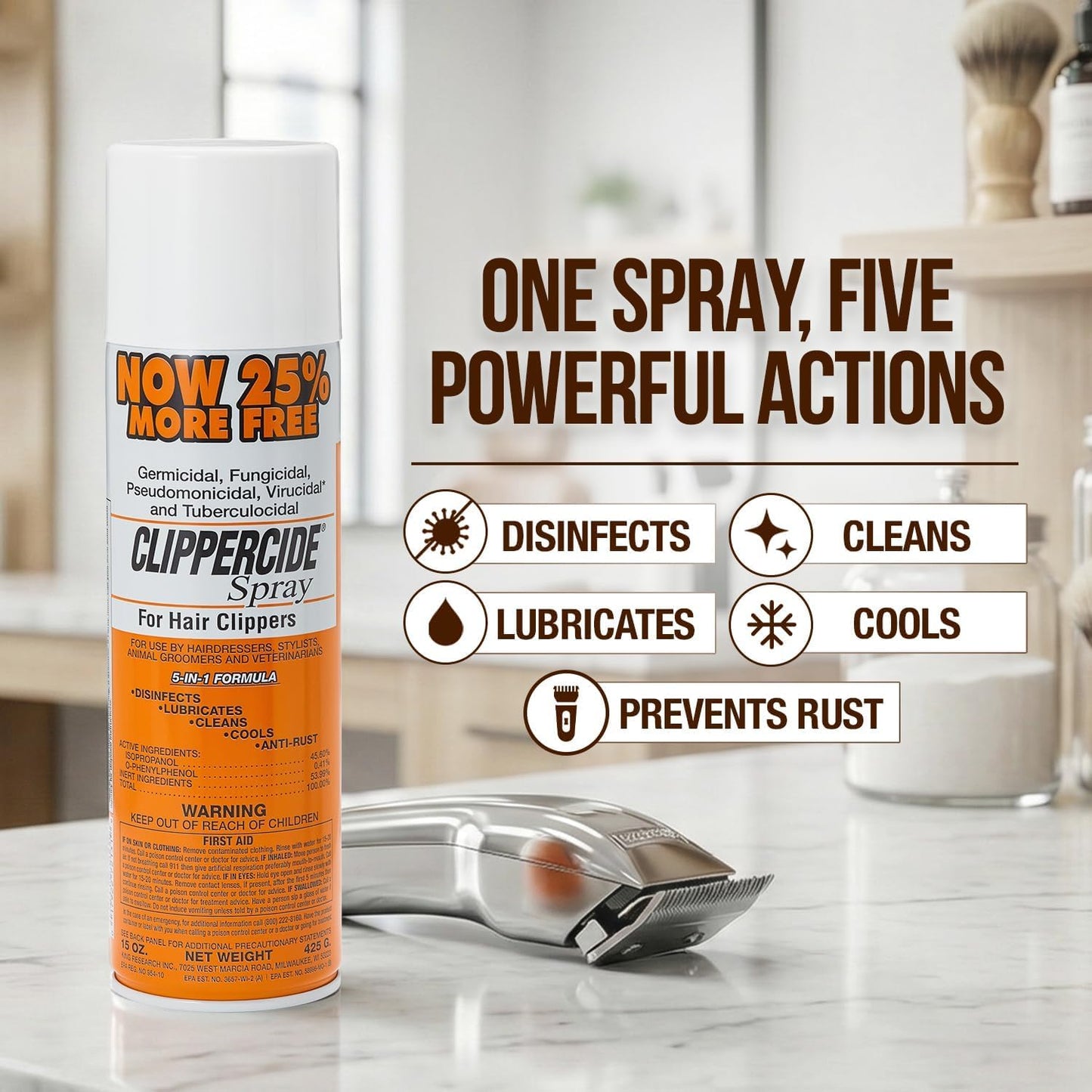 Light Gray CLIPPERCIDE 5-in-1 Clipper Disinfectant Spray 15oz, 6 Pack | Cleans, Lubricates, Cools, Prevents Rust & Disinfects | Professional Clipper Spray for Barbers, Stylists & Pet Groomers | Made by BARBICIDE