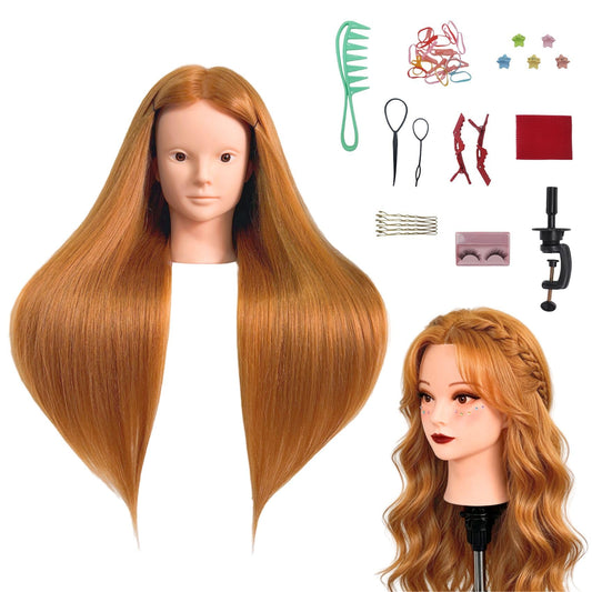 White Smoke Makeup Mannequin Head with 80% Light Auburn Real Hair, Practice Hair Mannequin Head for Hair Styling, 28" Cosmetology Training Doll Head for Kids