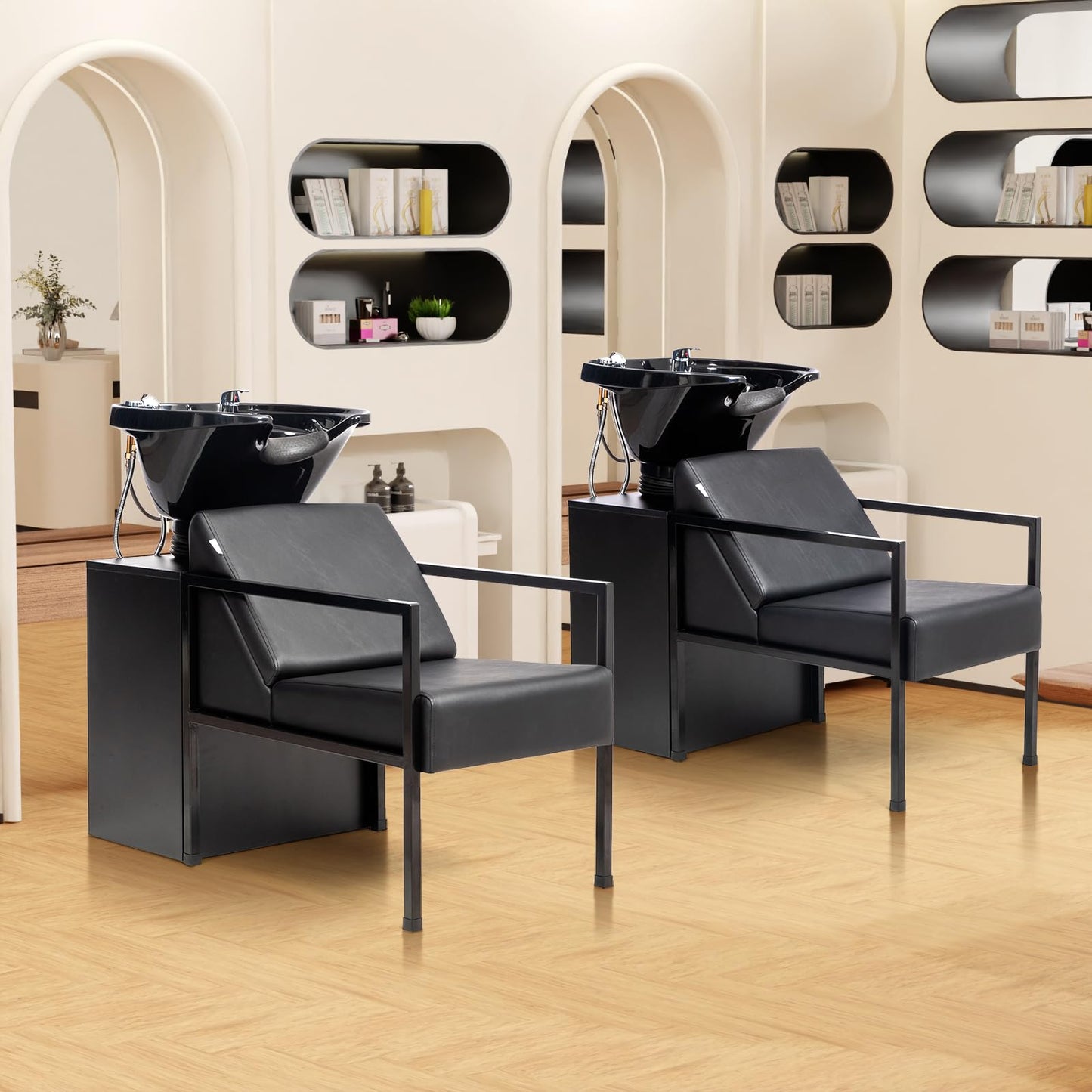 Gray OmySalon Salon Shampoo Bowl and Chair, Hair Washing Station w/Tilting Sink & Storage Cabinet, Backwash Barber Chair for Barbershop Beauty Spa Massage Hairdressing