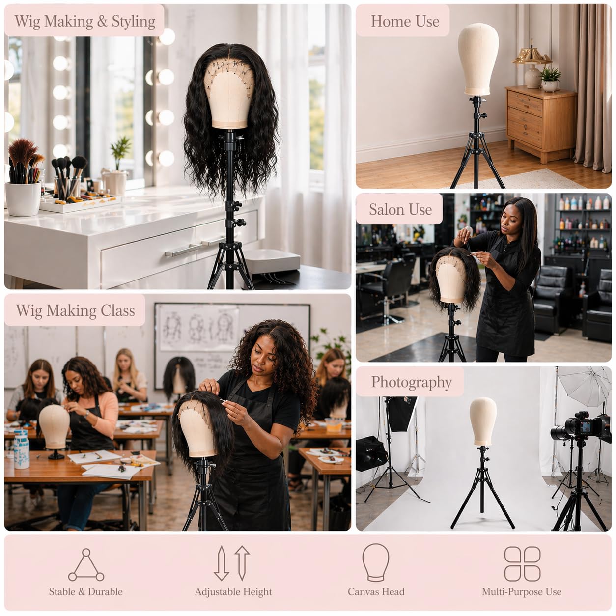 Light Gray Demides 22'' Canvas Wig Head with 61'' Adjustable Tripod Stand, Mannequin Head Set for Styling, Display – Includes Caps, Elastic Bands, Stand & Tool Kit for Beginners and Professionals