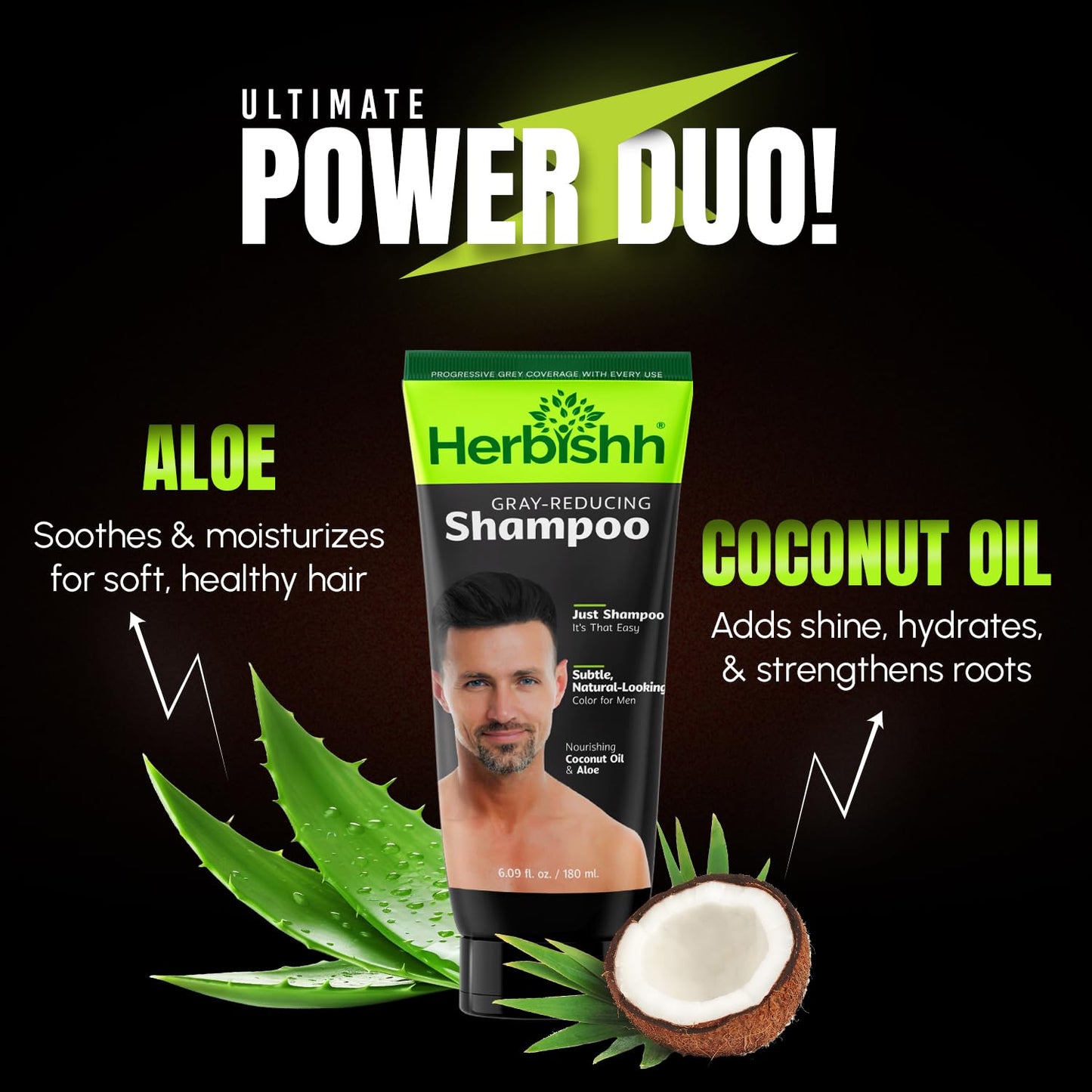 Black Herbishh Gray Reducing Shampoo for Men, Hair Darkening & Volume Boost with Every Wash, Cleanses & Revitalizes, Easy At-Home Use, Safe for Light Brown to Black Shades, All Hair Types 6.09 fl.oz