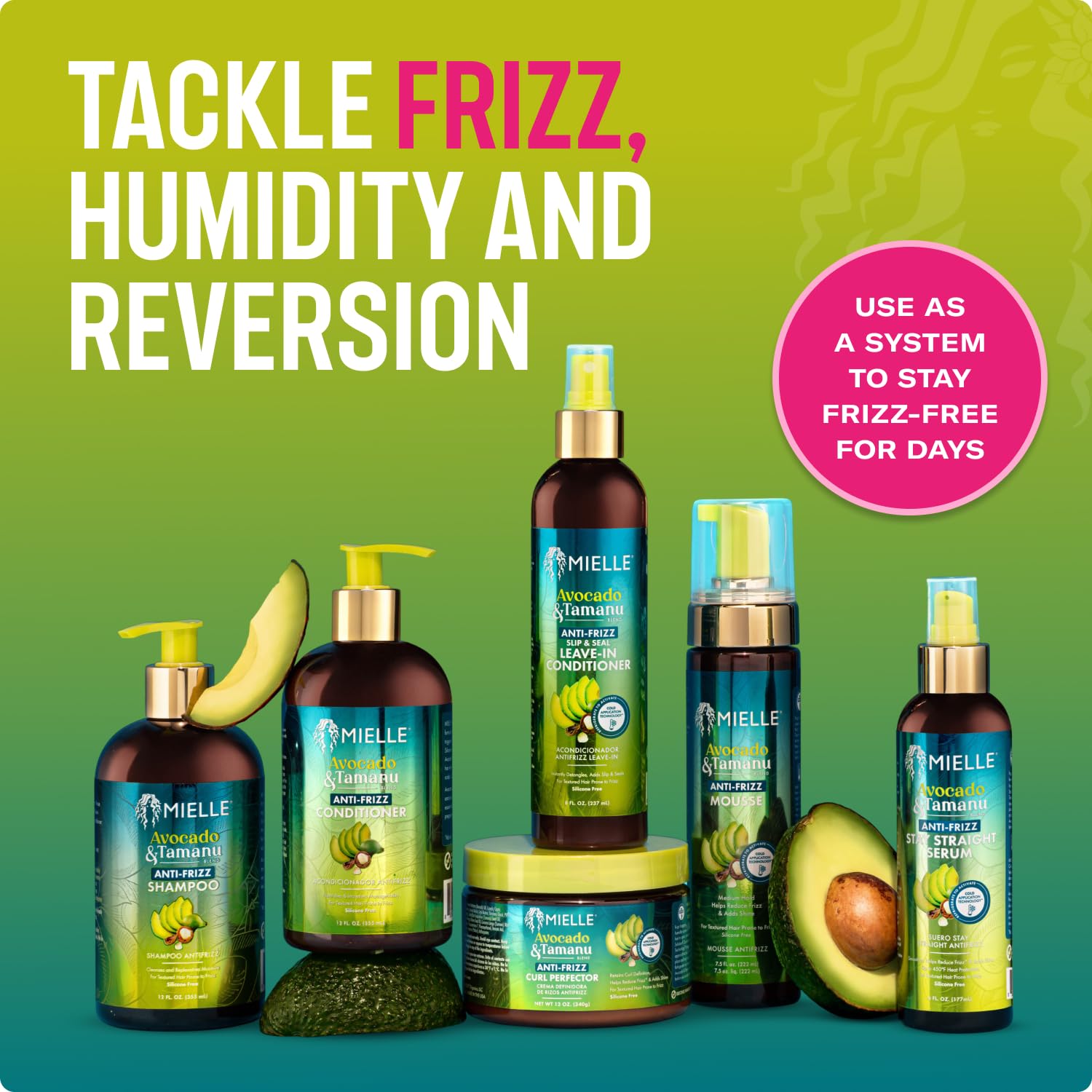 Olive Drab Mielle Organics Avocado & Tamanu Anti Frizz Conditioner for Women & Men - Detangling, Moisturizing & Smoothing Treatment - Frizz Control Detangler for Textured & Dry Hair - Prep for Styling, 12floz