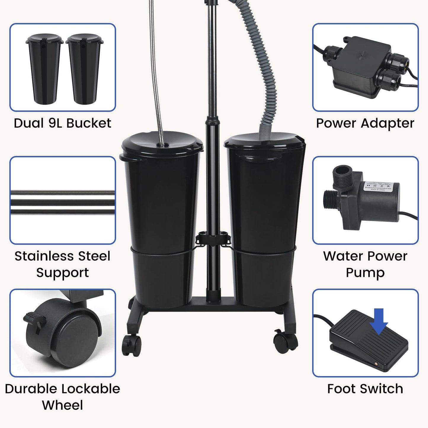White Smoke Togarhow Portable Shampoo Bowl Height Adjustable Hair Washing Station with Electric Pump Dual-Bucket Portable Shampoo Sink with Sprayer for Home Salon Barber Use (Black)