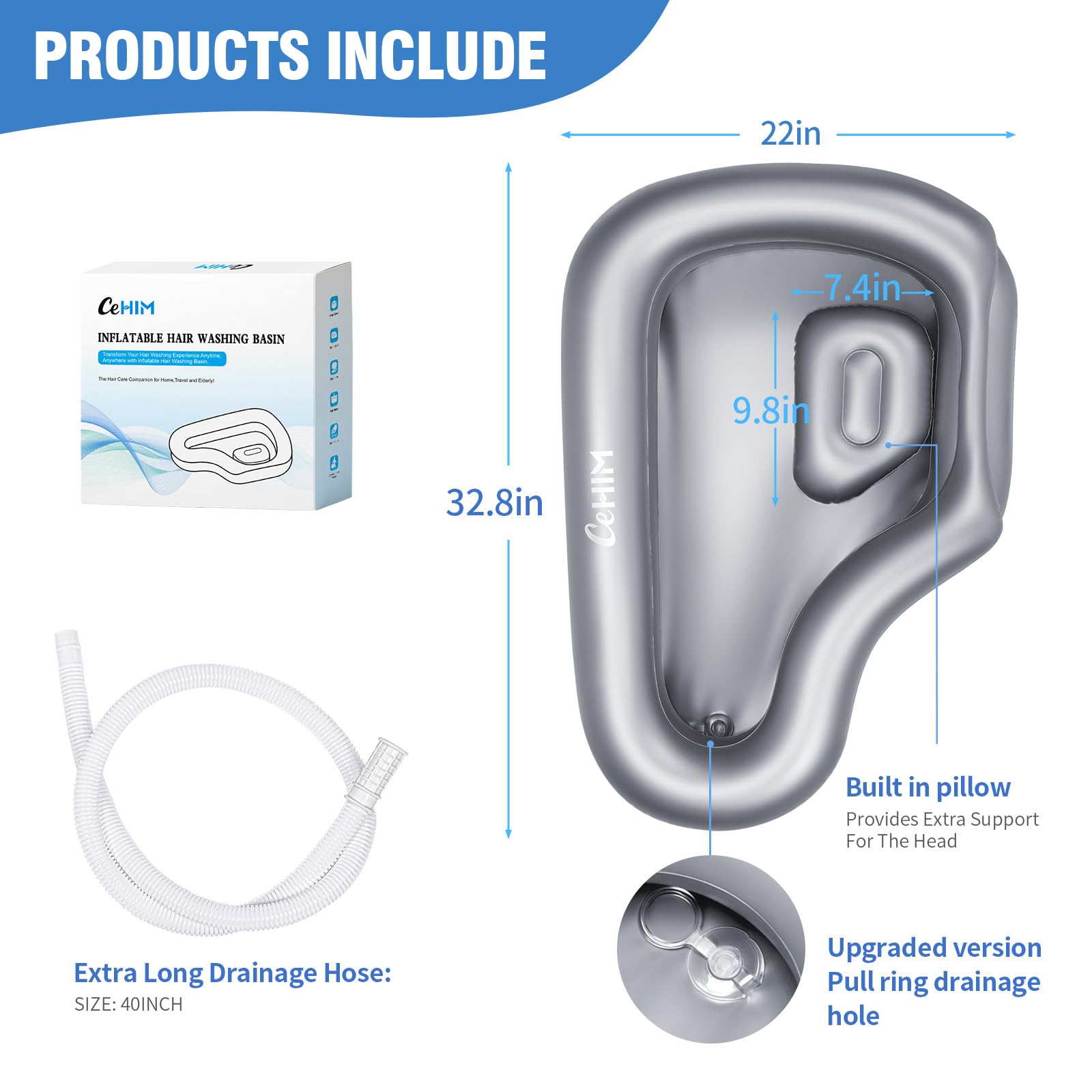 White Smoke Inflatable Portable Shampoo Bowl, Hair Washing Bowl with Drain Hose & Neck Support, PVC Inflatable Shampoo Bowl for Bedridden Patients, Disabled, Seniors, Kids, Home Care