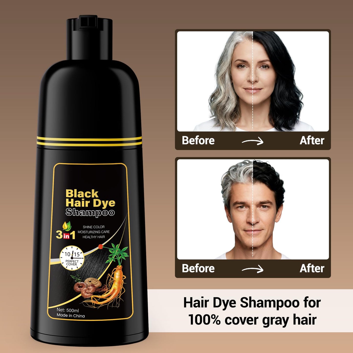 White Smoke IIIMEIDU Hair Dye Shampoo for Gray Hair Coverage, 3 in 1 Natural Black Dye for Women Men, 500ml