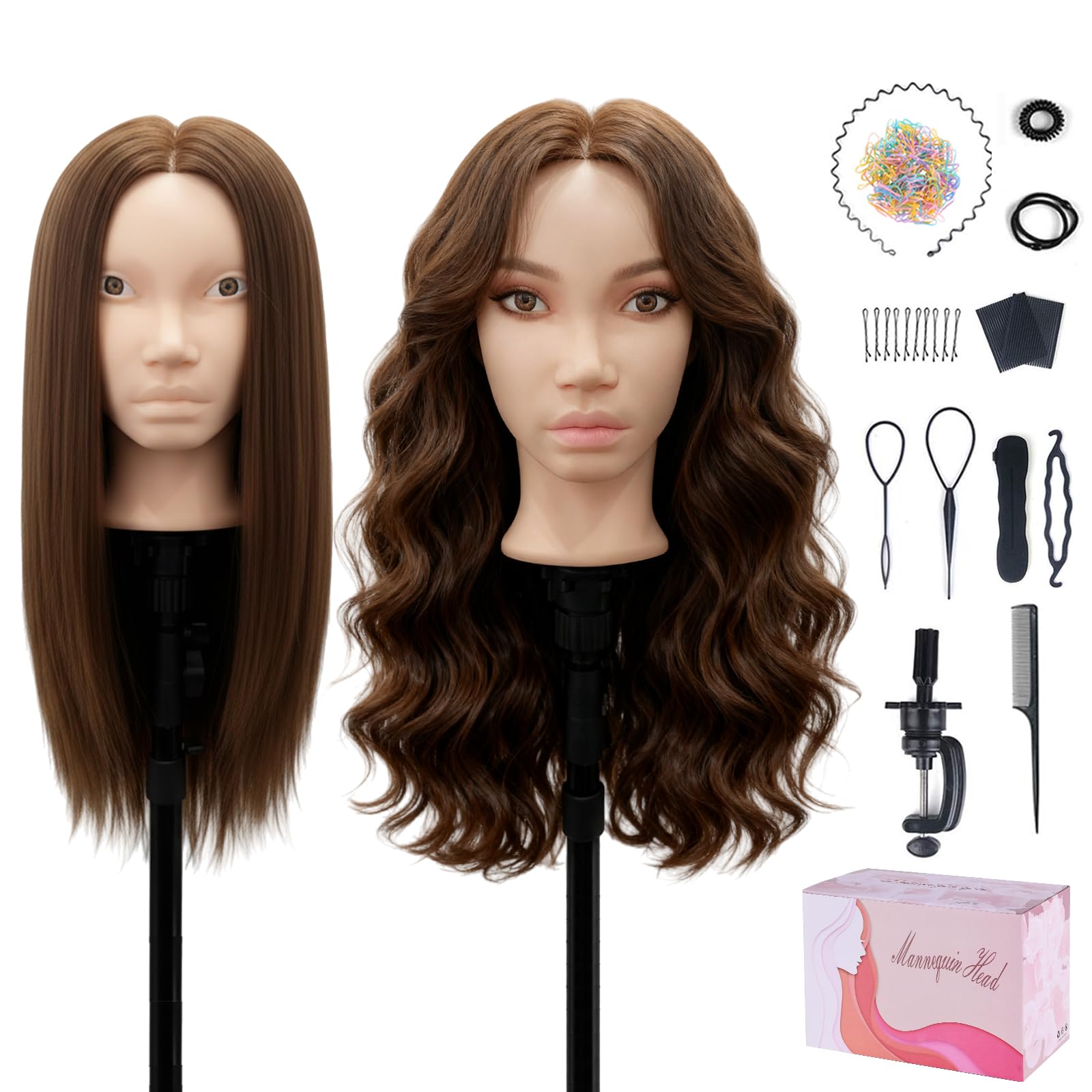 White Smoke Mannequin Head with 80% Real Human Hair, Beauty star 26" Cosmetology Manikin Head, Doll Head for Hair Styling to Practice on, Hairdressing Training Braiding Heads with Clamp Stand Holder Kit