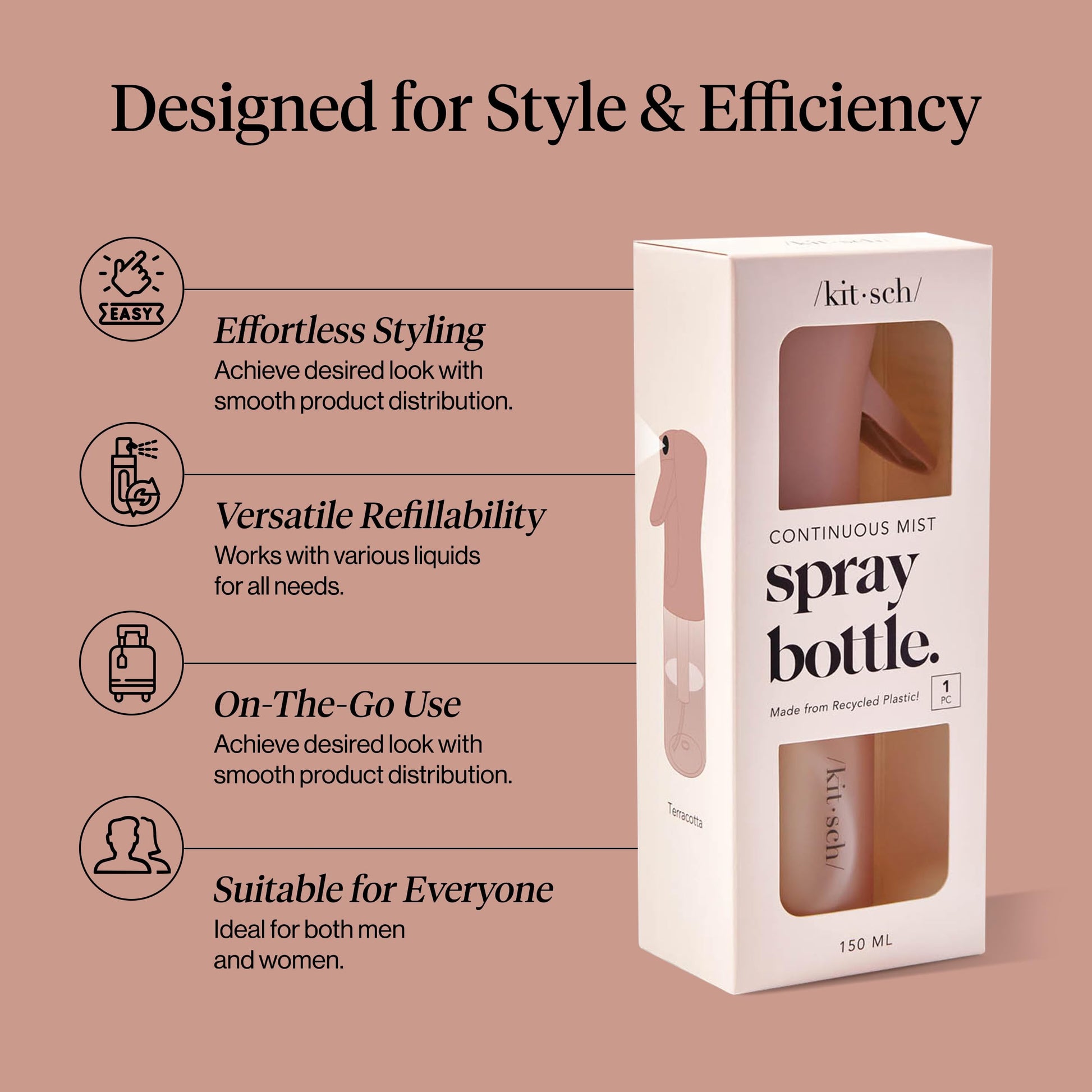 Rosy Brown Kitsch Continuous Spray Bottle for Hair – Fine Mist Water Mister & Water Spray Bottle – Recycled Hair Spray Bottle – Spray Bottles for Cleaning, Styling, Plants & More – Terracotta, 150ml