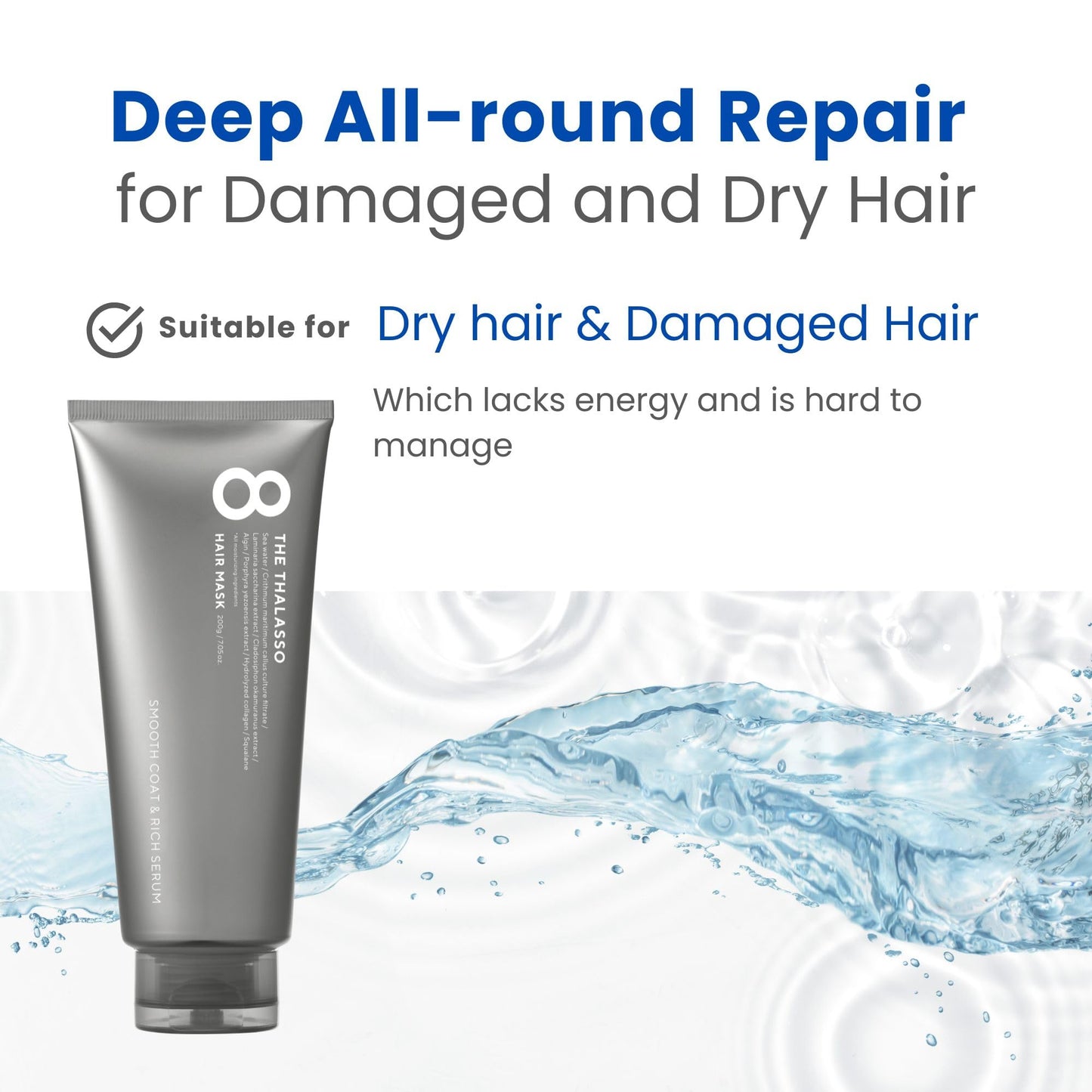 White Smoke 8 THE THALASSO Hair Mask for Normal to Oily Hair Women & Men, Deep Conditioner with Stem Cells & Deep Sea Water, Intensive Hair Cream from Japan, Sulfate & Paraben Free, SMOOTH, 7.05 Fl Oz