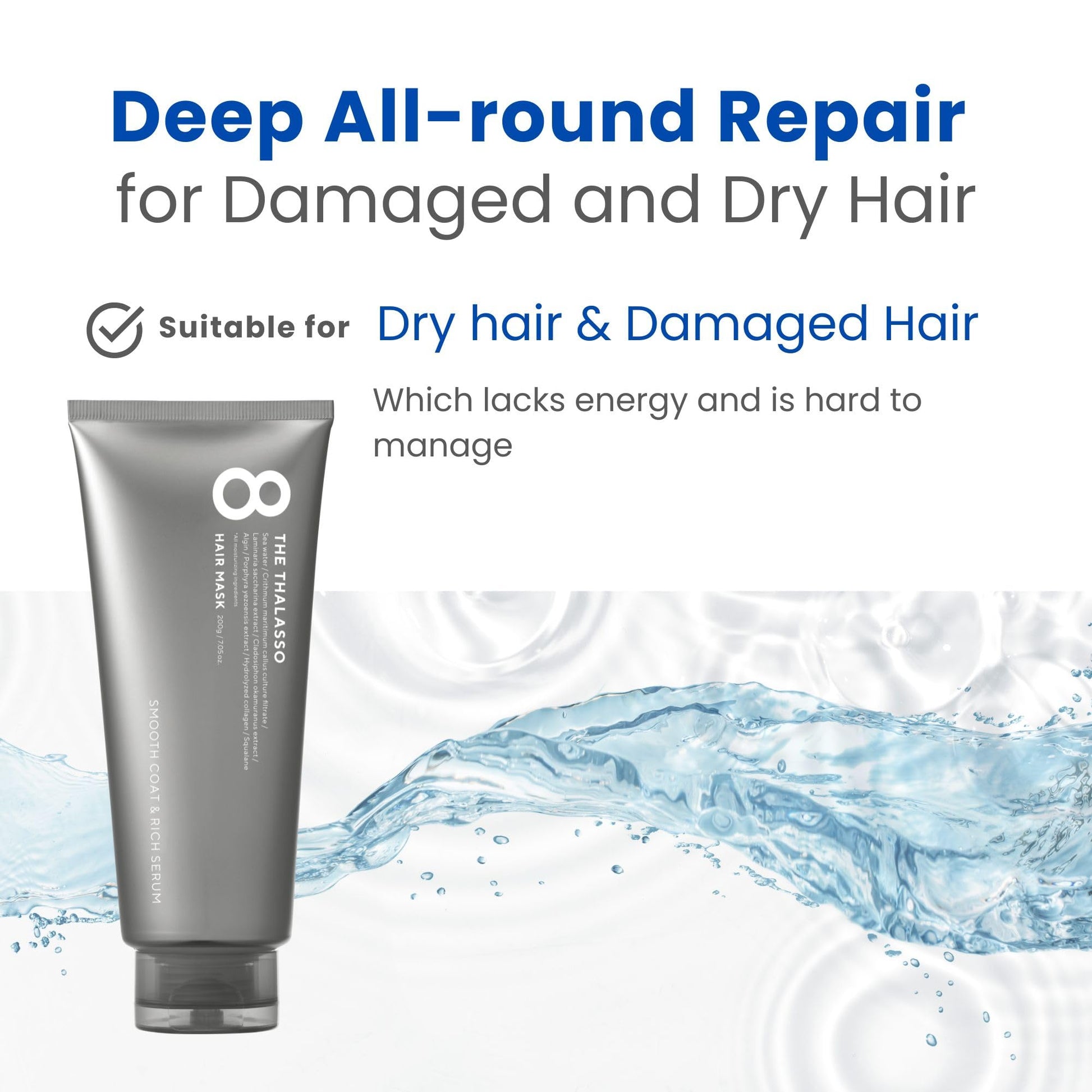 White Smoke 8 THE THALASSO Hair Mask for Normal to Oily Hair Women & Men, Deep Conditioner with Stem Cells & Deep Sea Water, Intensive Hair Cream from Japan, Sulfate & Paraben Free, SMOOTH, 7.05 Fl Oz