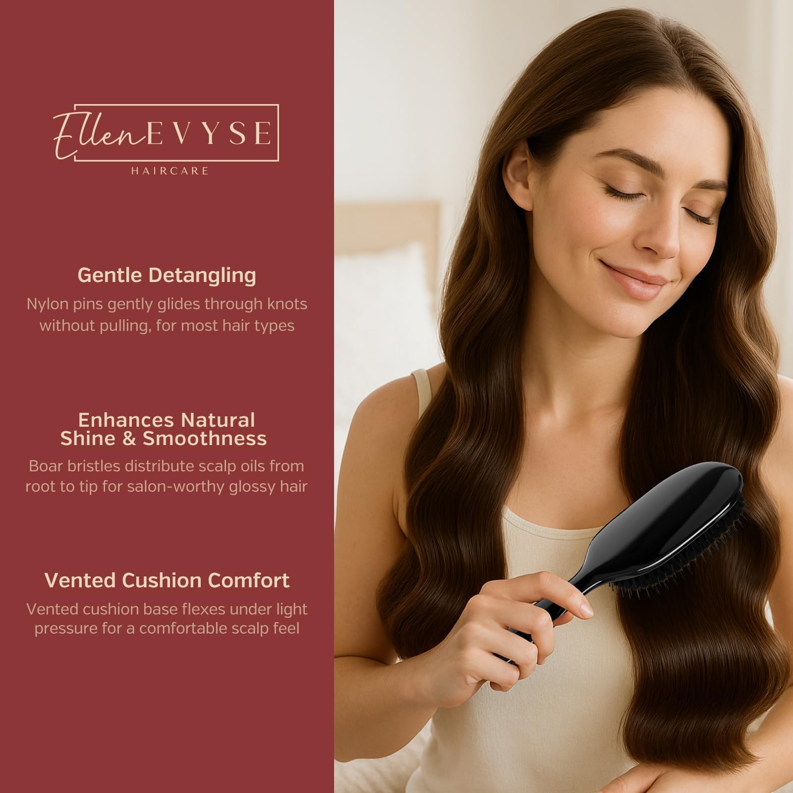 Brown Ellen Evyse Boar Bristle Hair Brush, Nylon Pins and Soft Boar Bristles for Smoothing, Detangling, Reducing Breakage and Enhancing Shine, Hairbrush for Women,Men