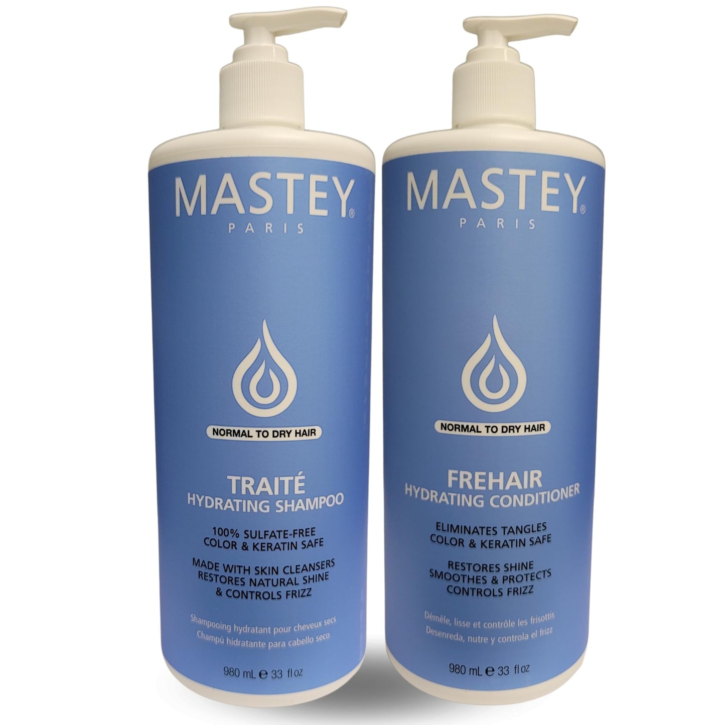 Mastey Paris Classic Professional Hair Care - Traite Shampoo 32 oz + Frehair Conditioner 32 oz Duo Set, Sulfate Free, Lipid & Amino Acid Fortified, (Pack of 2)
