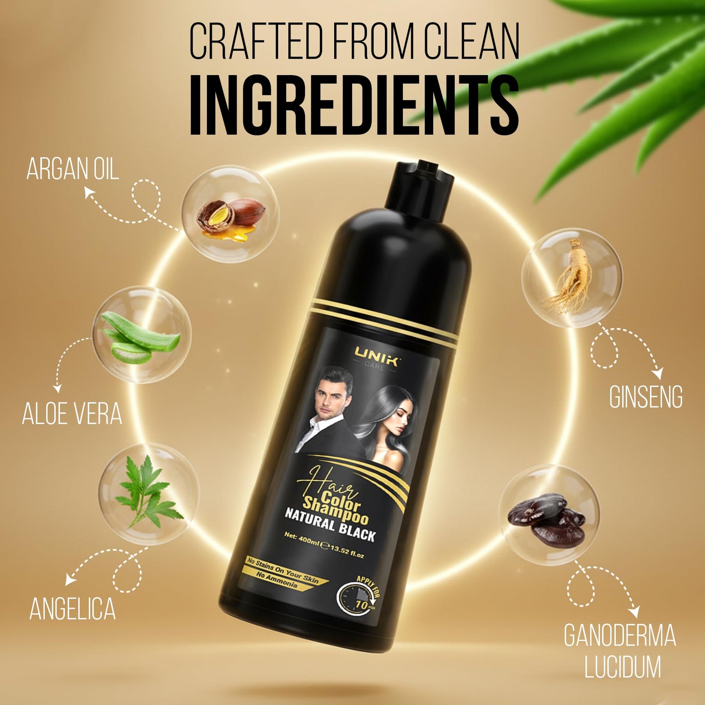 Dark Khaki UNIK Care Hair Dye Shampoo 400ml – 3 in 1 Natural Colour Shampoo for Grey Hair – Ammonia-Free Hair Dye for Women & Men (Natural Black)