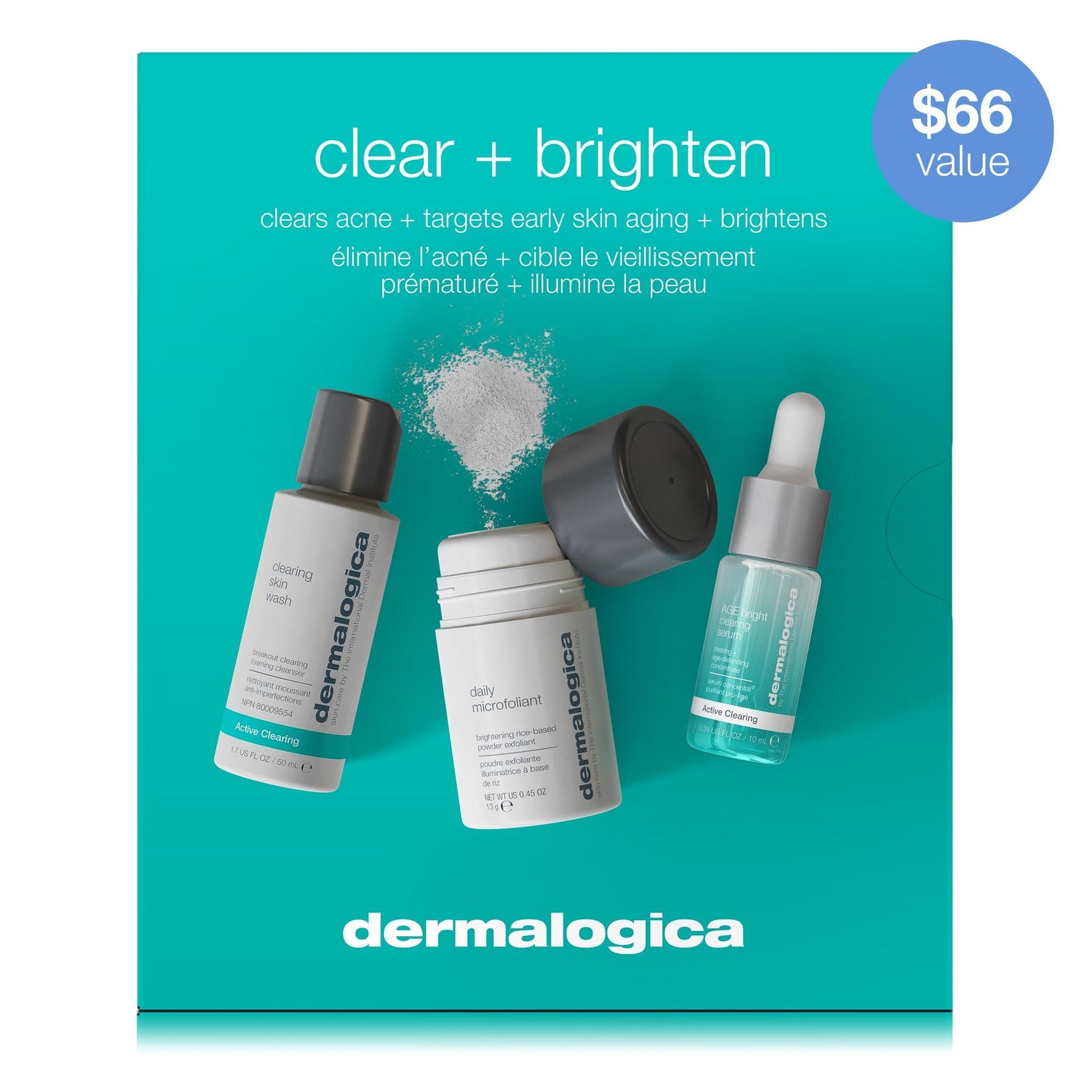 White Smoke Dermalogica Clear and Brighten Kit, 3 Step Facial Skincare Set - Includes Face Cleanser, Exfoliator, and Serum