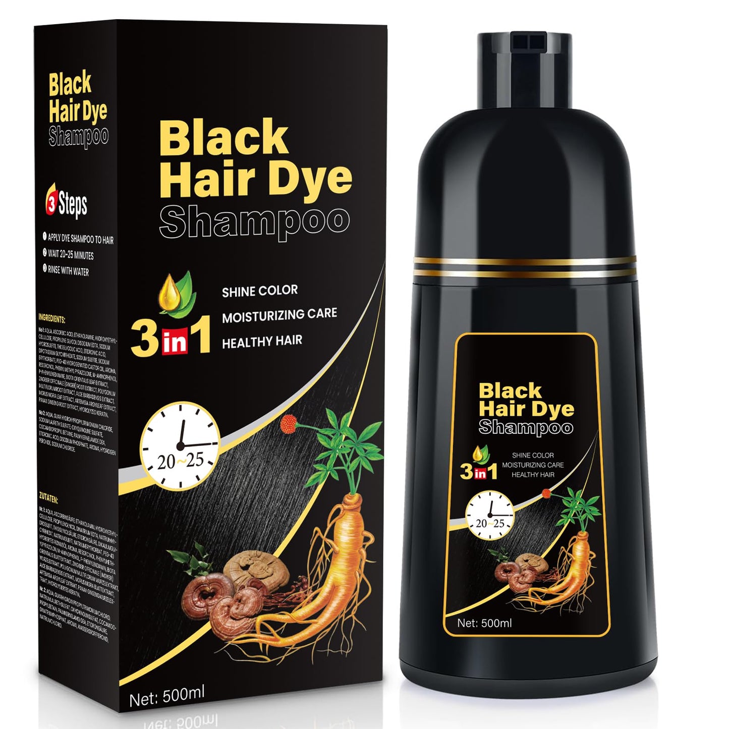 Black YOURTONE Black Hair Dye Shampoo Instant & Easy 3-in-1 Hair Color Solution for Men and Women - Herbal Formula, Ammonia-free, Lasts 30 Days - 16.90 oz