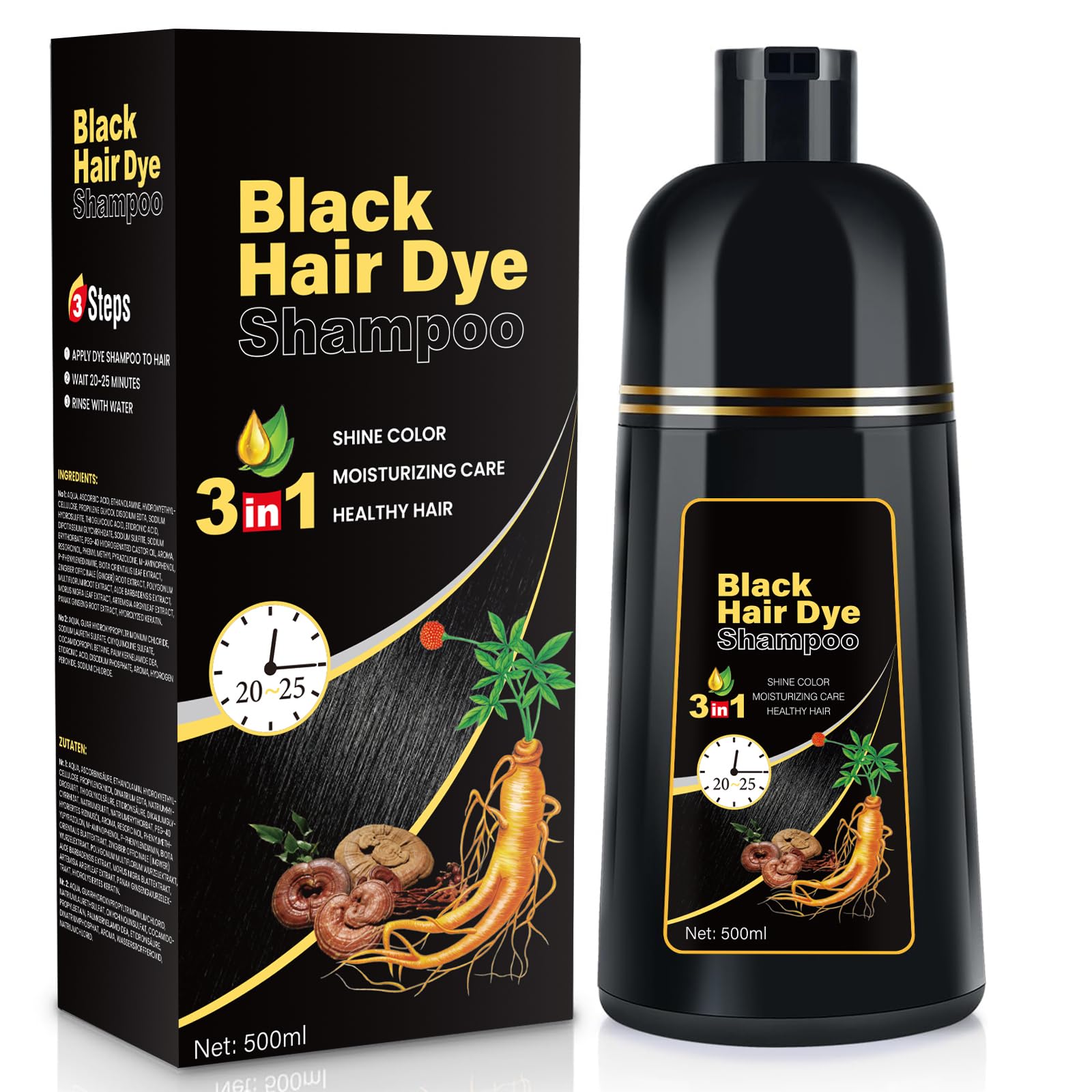 Black YOURTONE Black Hair Dye Shampoo Instant & Easy 3-in-1 Hair Color Solution for Men and Women - Herbal Formula, Ammonia-free, Lasts 30 Days - 16.90 oz